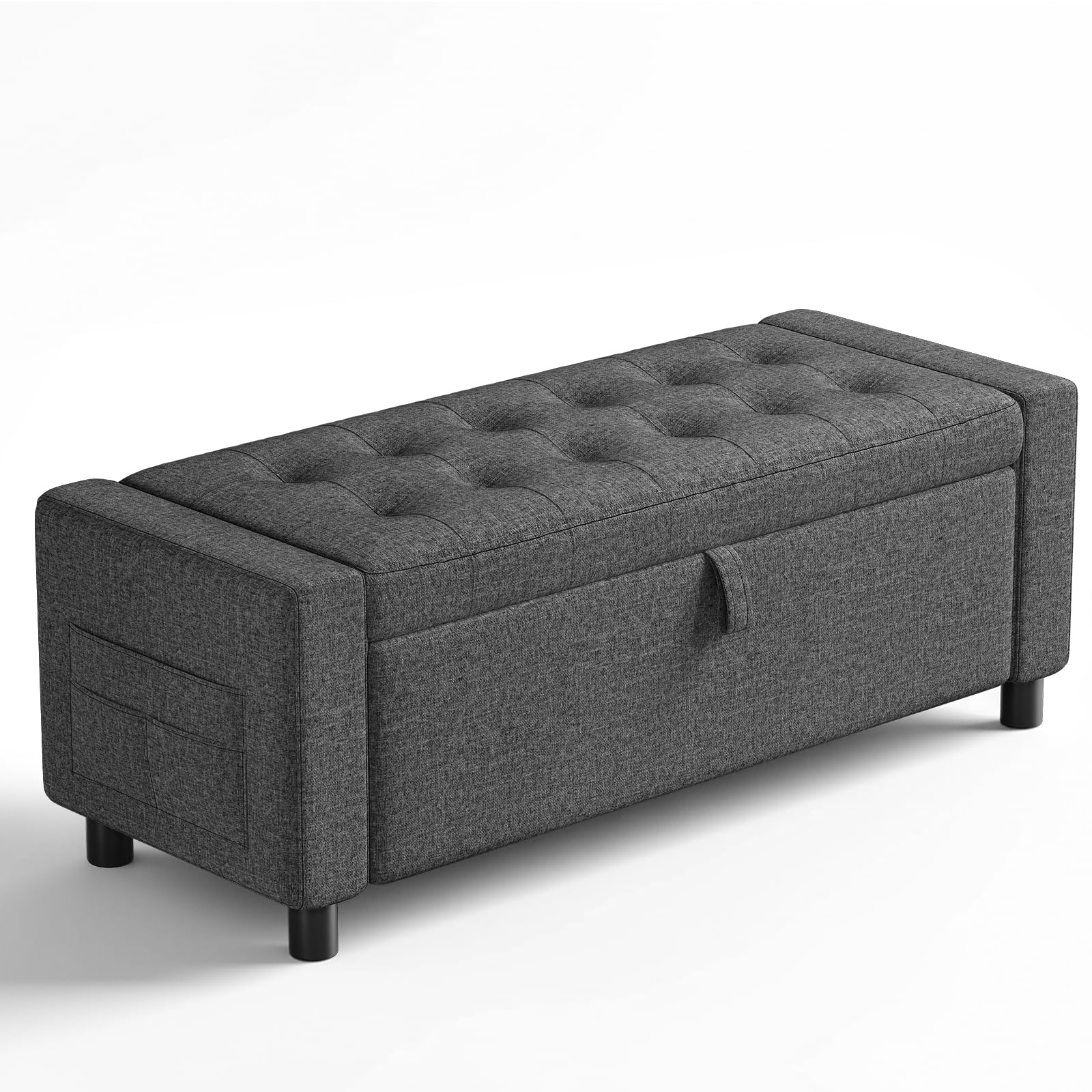 Amada 46" Ottoman with Storage,Storage Ottoman Bench with Safety Hinge, Hidden Compartment & Side Pocket, 400 lbs Weight Capacity, end of Bed/Entryway Bench for Bedroom/Living Room, Dark Gray