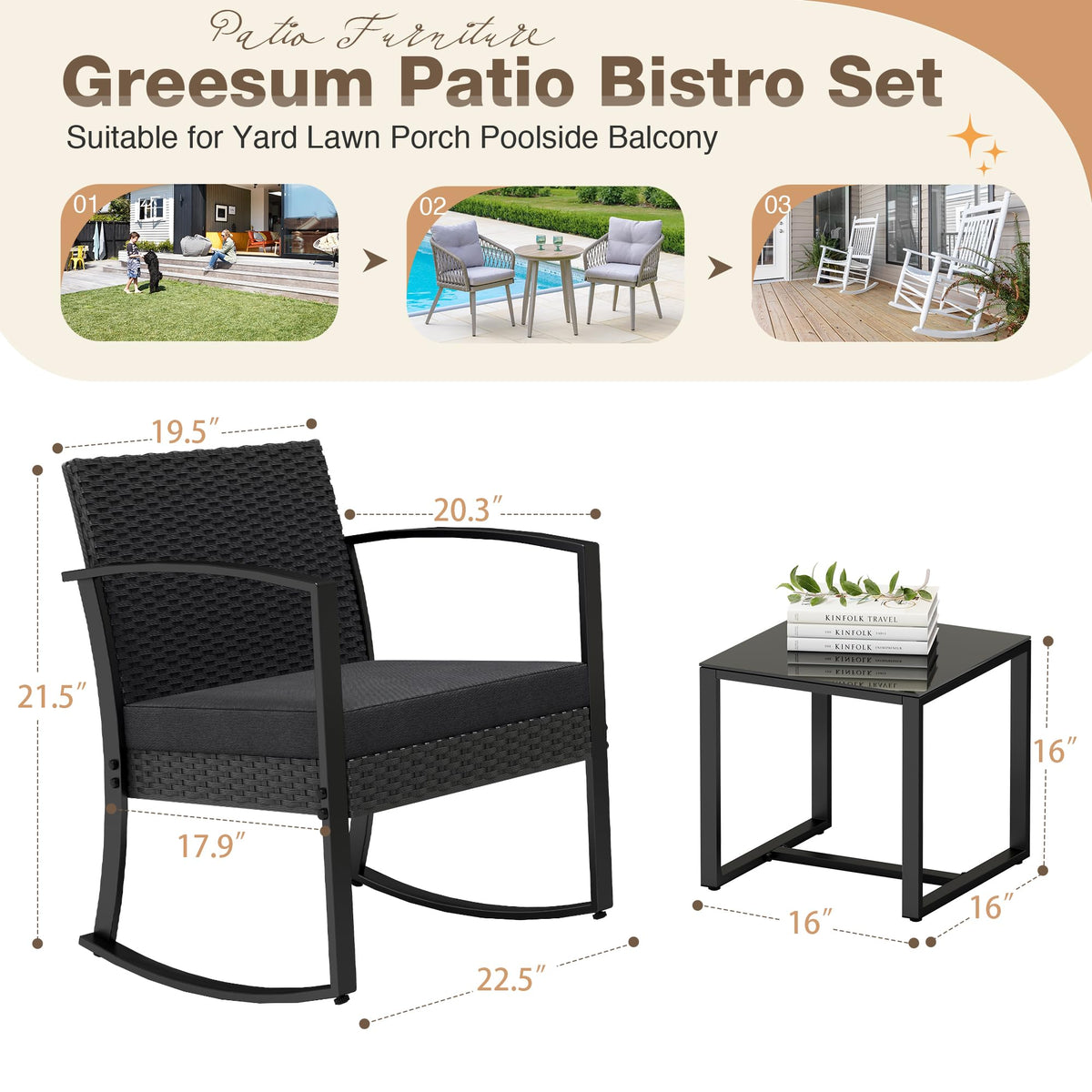 Greesum 3 Pieces Outdoor Furniture Set Patio Bistro Rocking Chairs with Glass Coffee Table for Pool Beach Backyard Balcony Porch Deck Garden, Black