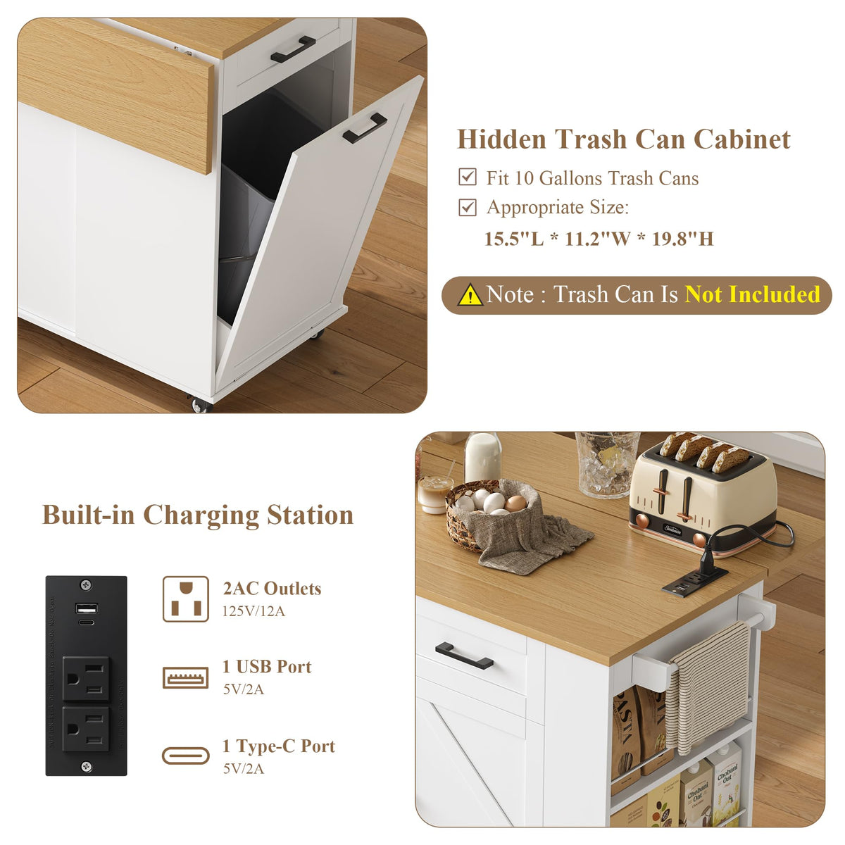 FINETONES Kitchen Island with Trash Can Storage and Power Outlet, White