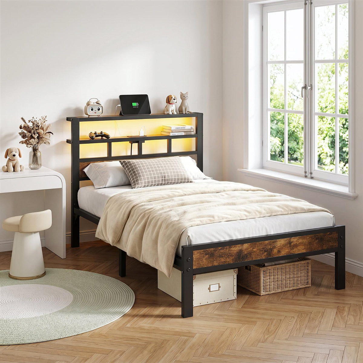 Insdiy Twin Bed Frame with Charging Station and LED, Metal Platform Bed
