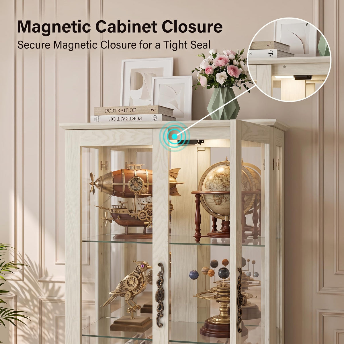 47" Lighted Glass Accent Curio Cabinet, 3-Tier Antique Storage Cage with Adjustable Shelves & Drawer, Acrylic Mirrored Pane, Light Bulb Included, Small China Cabinet for Living Room (Antiqe White)