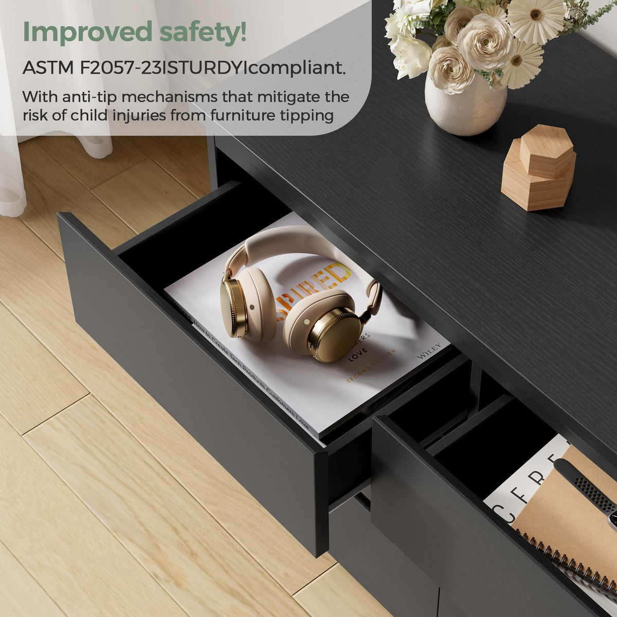 Jocoevol Modern 9 Drawer Dresser for Bedroom, Simply Chest of Drawers, Wood Storage Dresser with Deep Drawers for Living Room Hallway Entryway (Black)