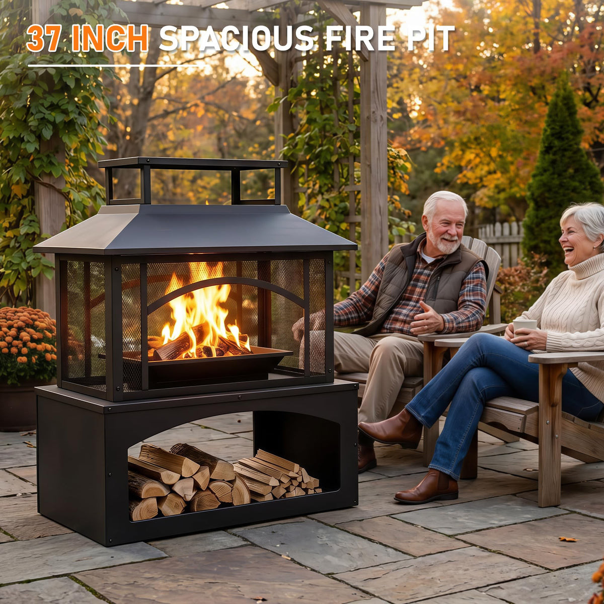 Aoxun 36" Outdoor Fire Pit with Wood Storage, Steel Wood Burning Fireplace with Mesh Spark Screen & Poker, Patio Heater with Removable Ash Pan for Backyard, Garden, Deck
