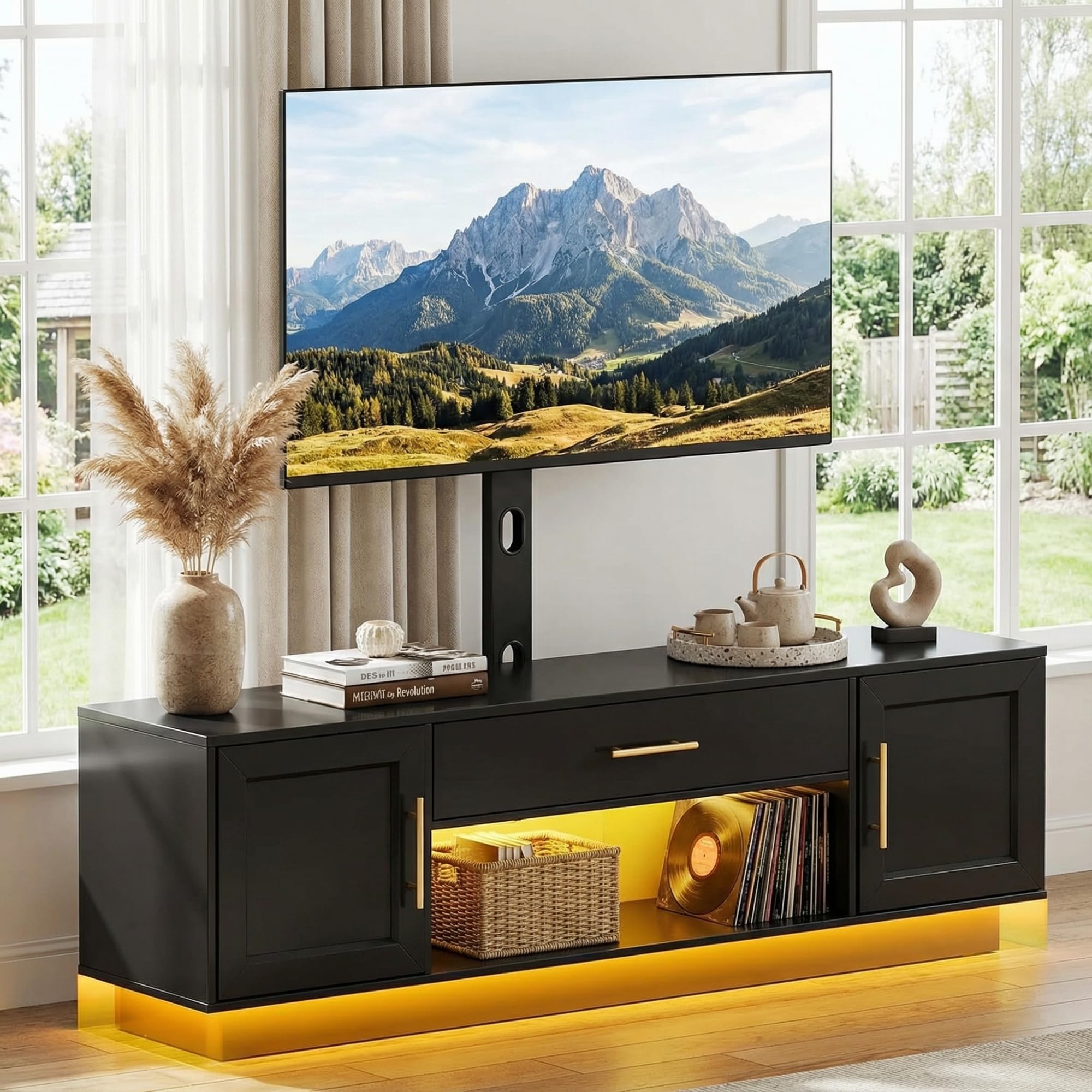 RALGEND 59" Modern TV Stand with Mount and Power Outlet, Swivel TV Stand for 32/55/65/75 inch TVs, Height Adjustable LED Entertainment Center, Media TV Console Table for Living Room, Bedroom, Black