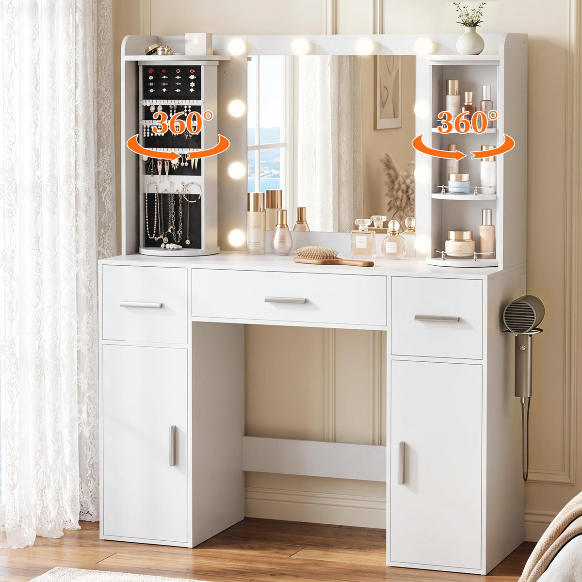 EasyCom Makeup Vanity Desk with Lights, Mirror and Jewelry Storage, White