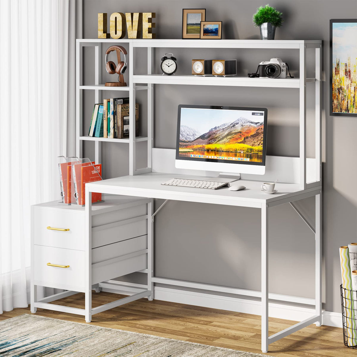 Computer Desk with Hutch and Drawers