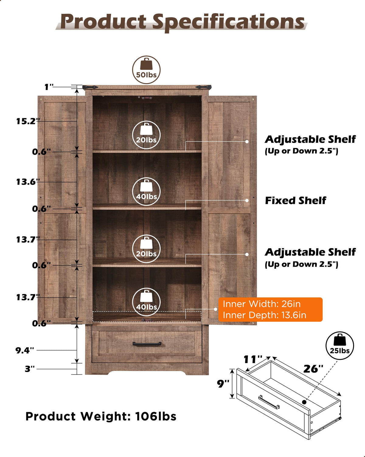 XIASLO 72" Tall Wood Storage Cabinet, Farmhouse Kitchen Pantry Cabinet with Adjustable Shelves & Drawer & Barn Doors, Versatile Storage for Kitchen, Dining Room, Bathroom, Light Brown
