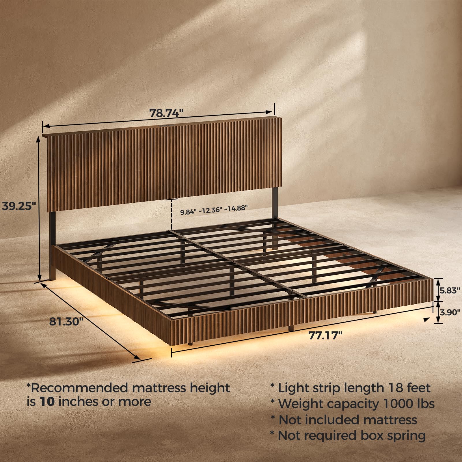 Floating Bed Frame with LED Lights & Charging Station