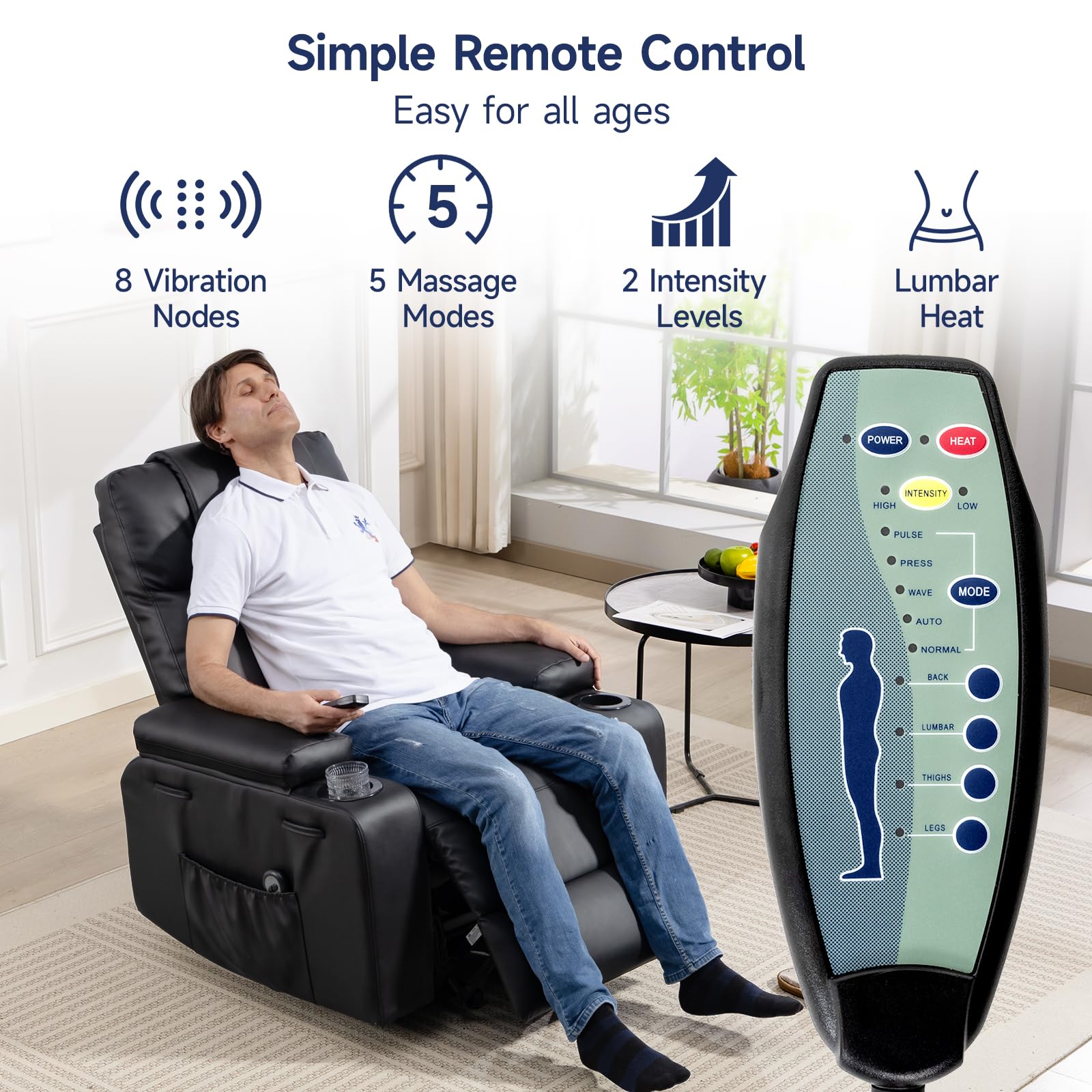 Brage Living Power Lift Recliner Chair for Elderly with Massage & Heat, 160° Adjustable PU Leather Electric Recliner with Remote, Cup Holders, Side Pockets, and Stand Assist for Living Room (Black)