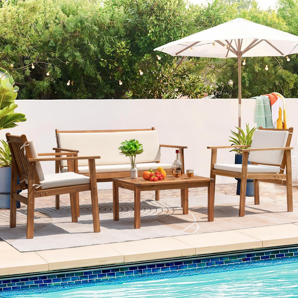 Greesum 4 Piece Patio Bistro Set Patio Furniture Outdoor Chat Table Chair Set with Water Resistant Cushions and Coffee Table for Beach Backyard Garden,Acacia Wood