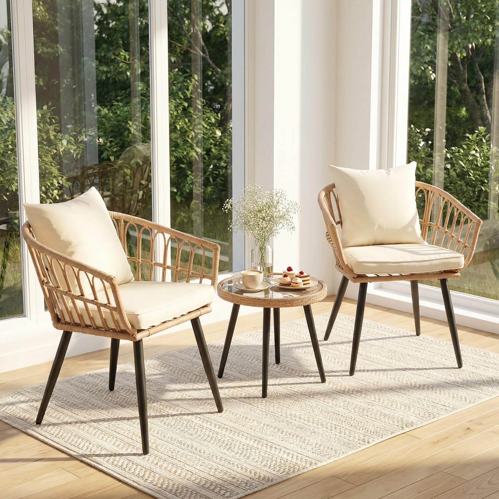 MaagorVita 3 Piece Outdoor Patio Bistro Set,All-Weather Modern Wicker Table and Chairs Set for Backyard,Deck,Poolside,Beige