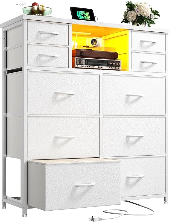 10-Drawer Dresser with LED Light & Power Outlet