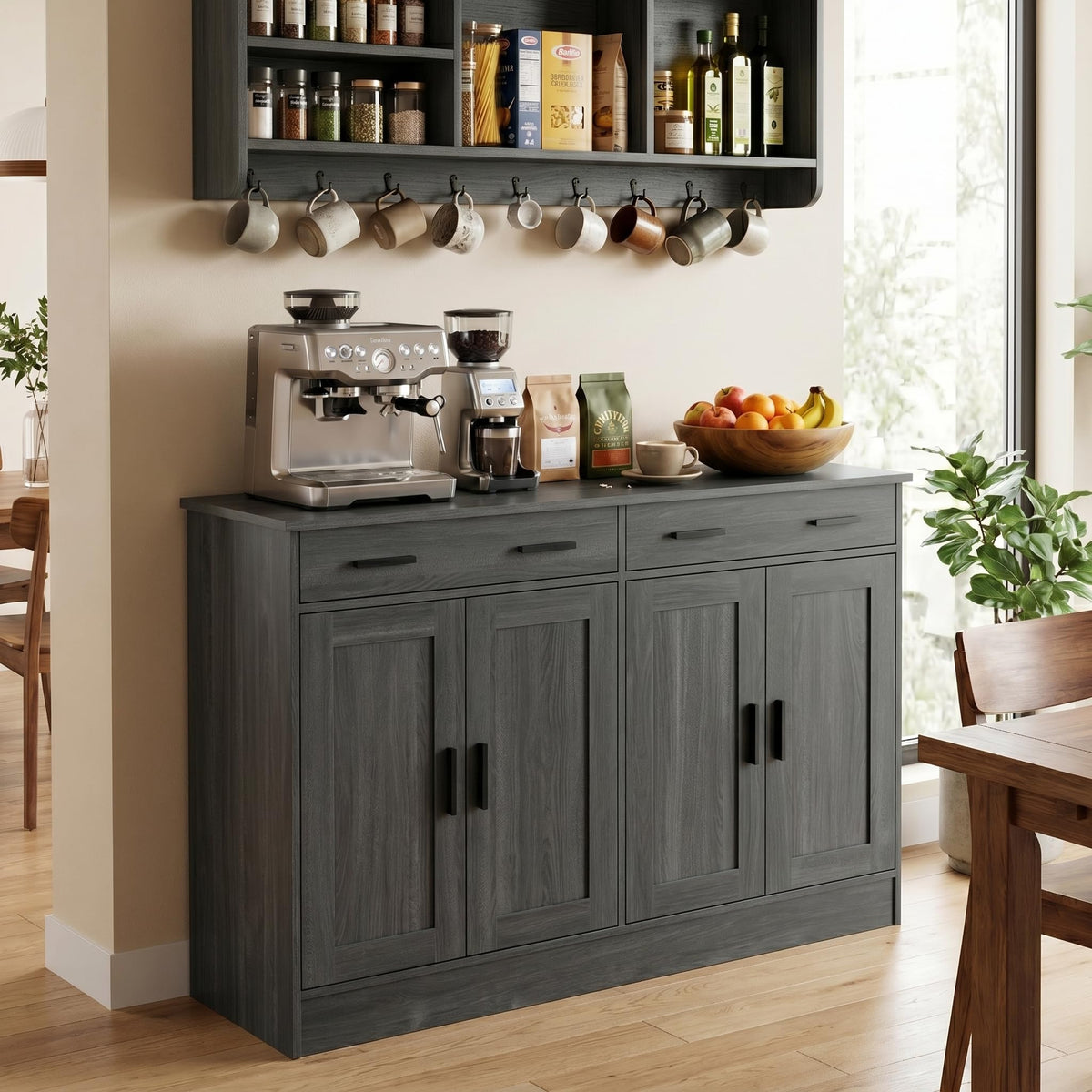 Anystyle 53" Dark Grey Buffet Cabinet with Storage, Kitchen Sideboard Buffet Server with 2 Drawers & 4 Doors, Modern Coffee Bar Cabinet Credenza for Dining Room, Living Room, Hallway