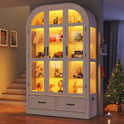 74" Arched Display Cabinet with Glass Doors and Drawers,Motion Sensor 3-Color Lights,Glass Curio Cabinet,5-Tier Showcase for Collectibles,Action Figures,Living Room,Trophy,Books(Antique White)
