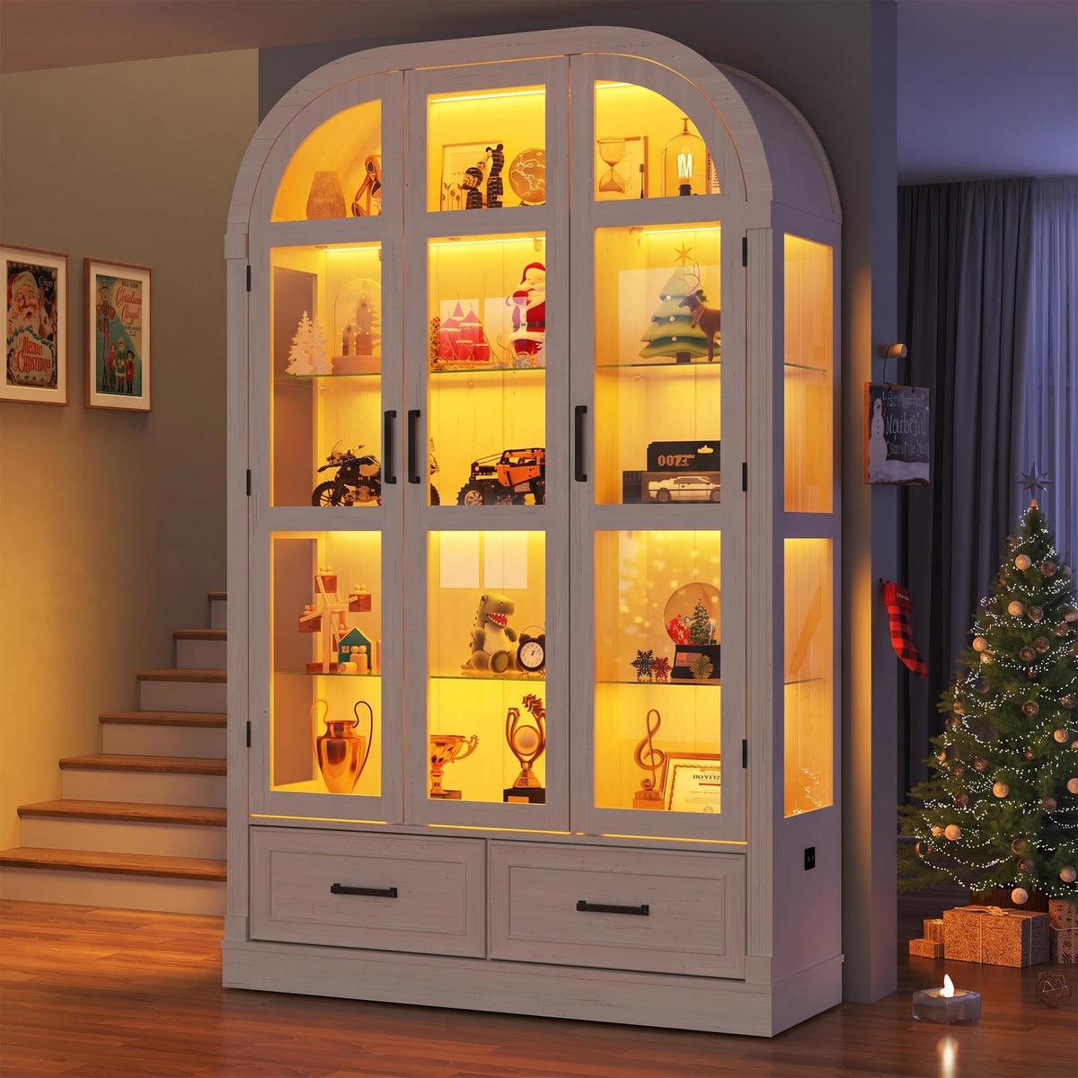 74" Arched Display Cabinet with Glass Doors and Drawers,Motion Sensor 3-Color Lights,Glass Curio Cabinet,5-Tier Showcase for Collectibles,Action Figures,Living Room,Trophy,Books(Antique White)