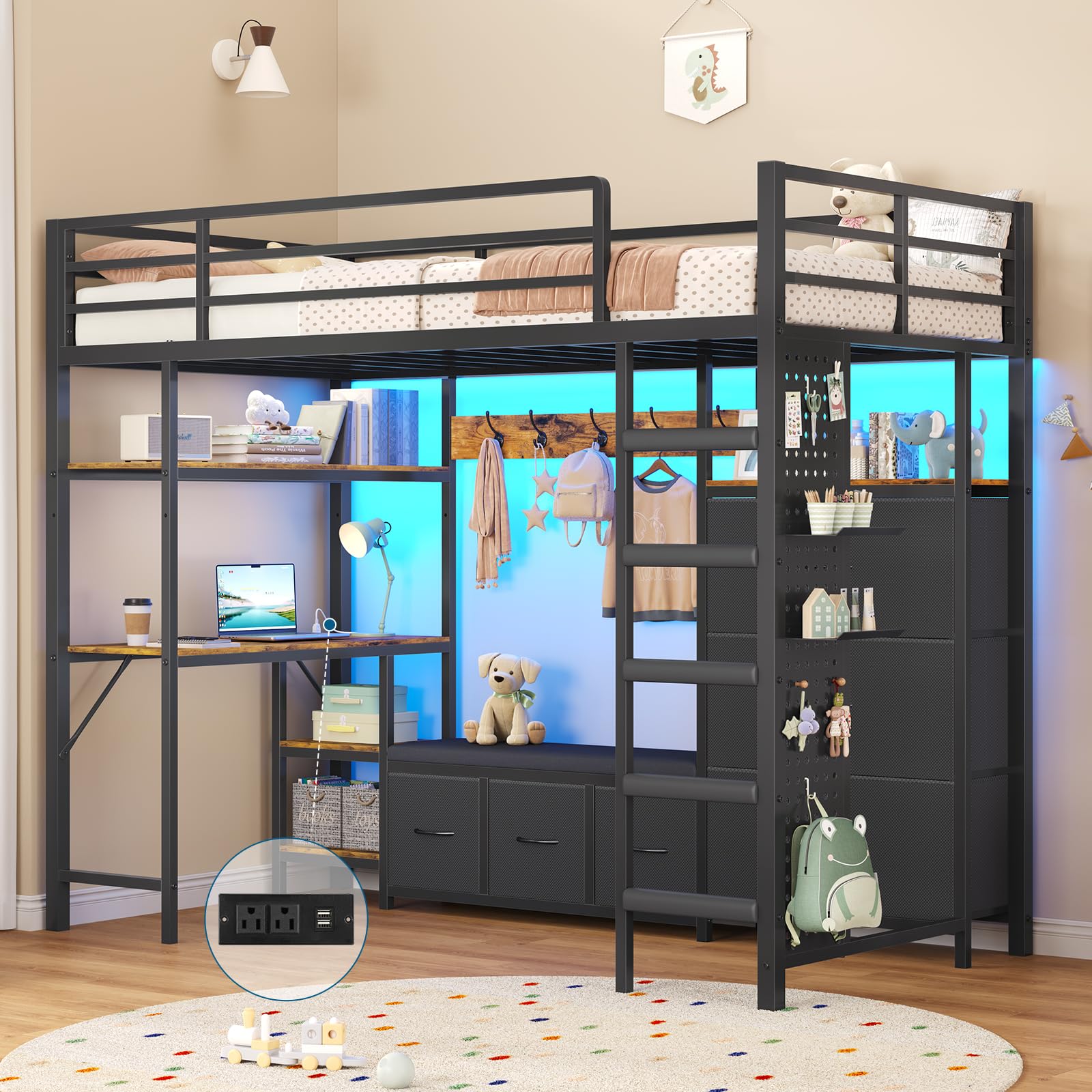 Twin Loft Bed with Desk, Storage & LED Lights