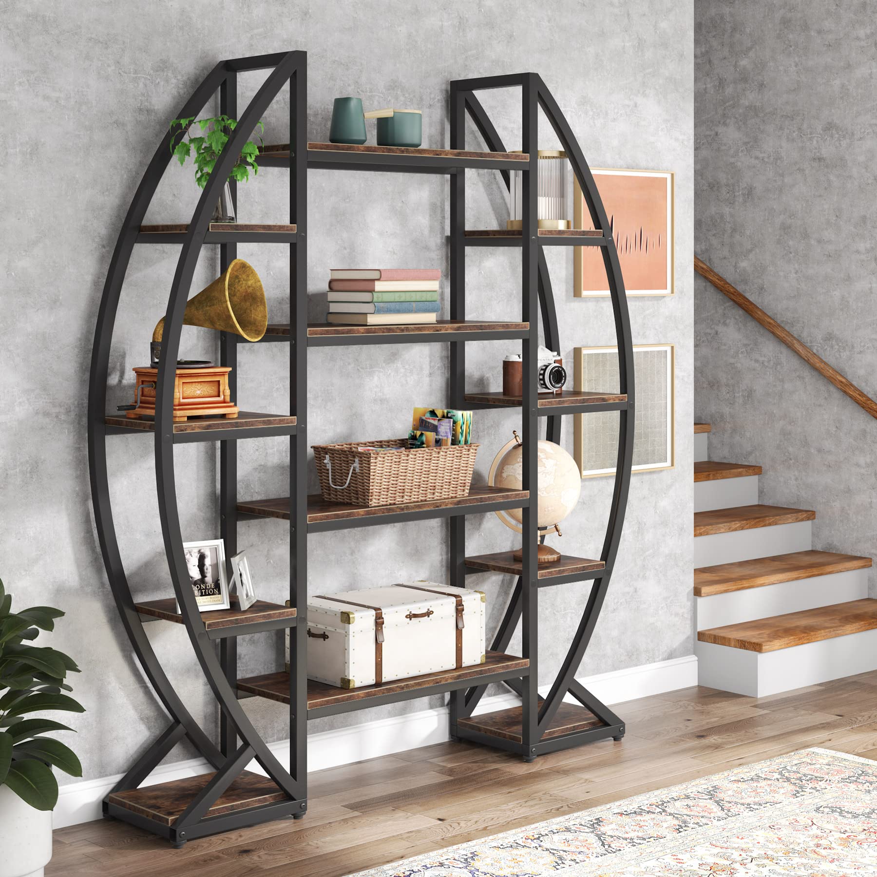 Triple Wide Oval Etagere Bookcase – 5-Tier, 12 Shelves, Industrial Metal Frame