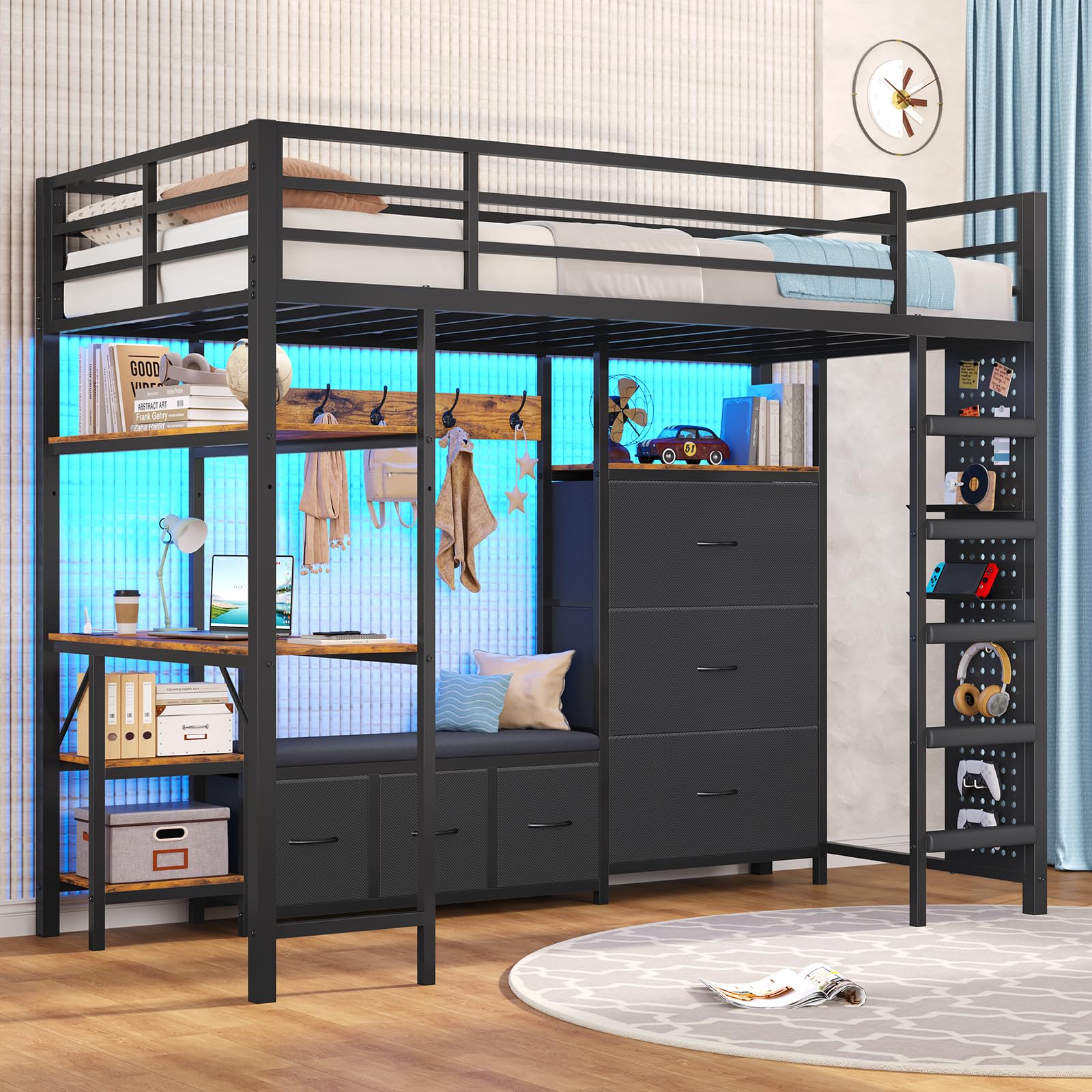 Twin Loft Bed with Desk, Storage & LED Lights