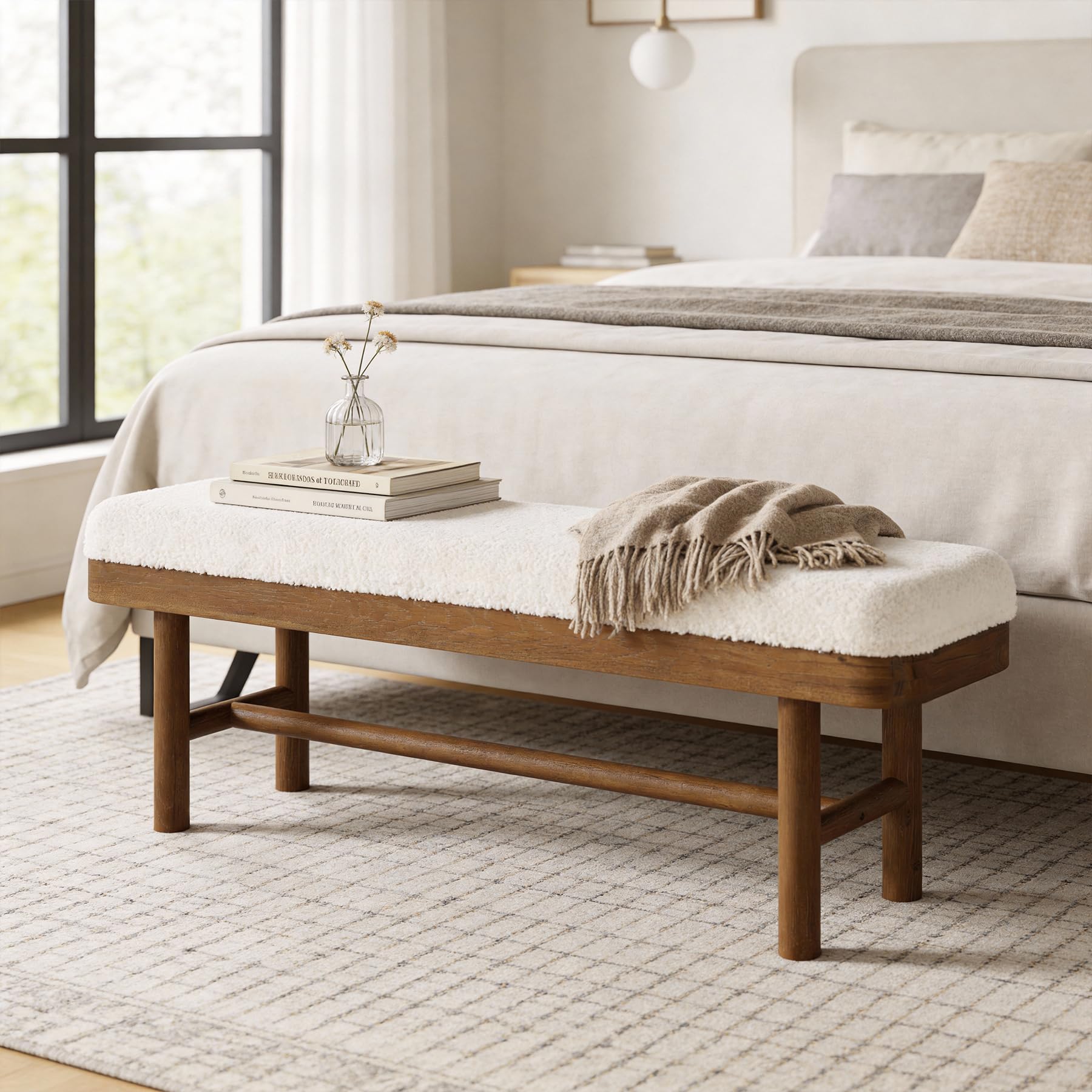 TRIBEWOOD 55" Upholstered Bedroom Bench, Solid Wood End of Bed Bench, Modern Indoor Bench with Cushion for Bedroom, Living Room, White & Brown