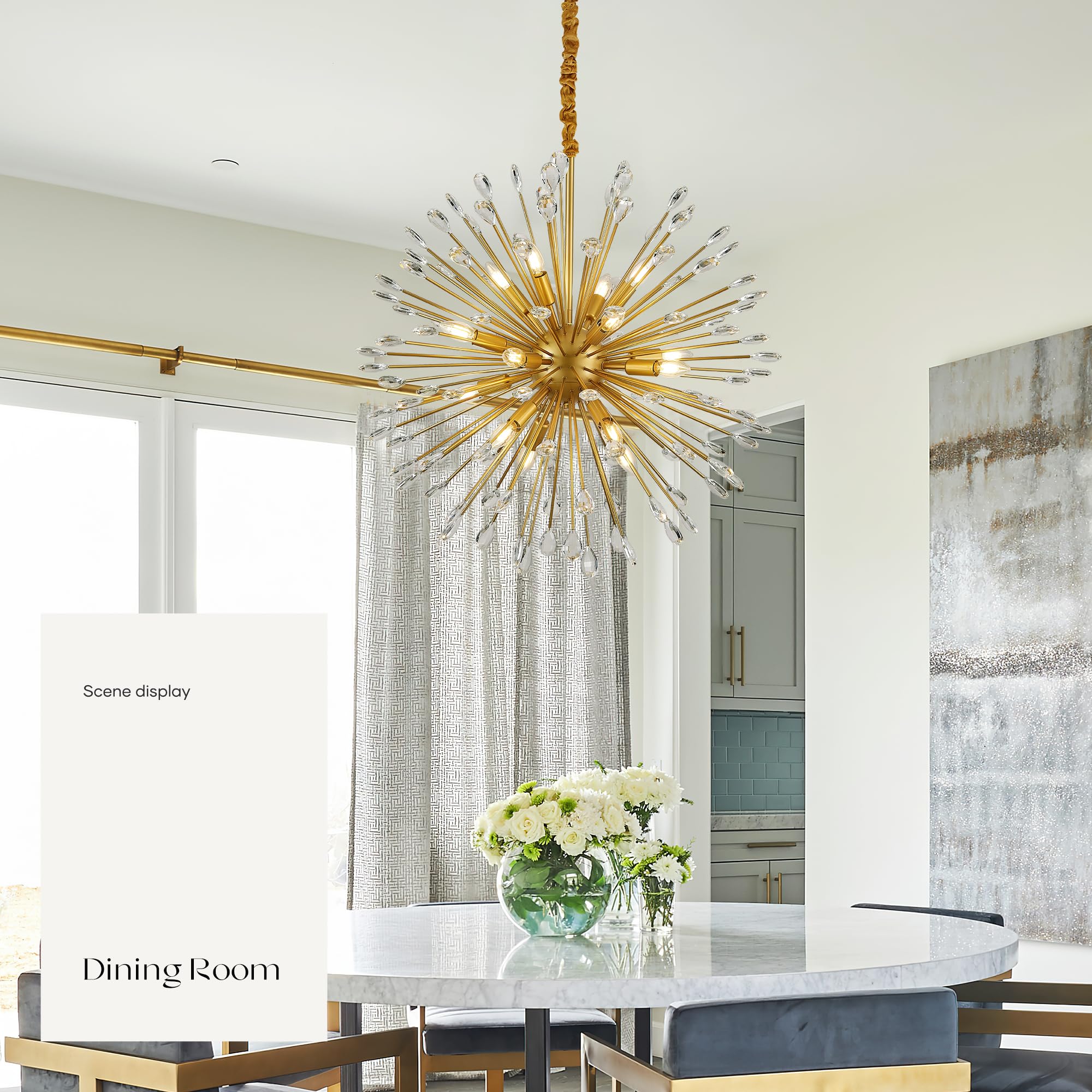 Aol furin 16-Light Gold Sputnik Chandeliers, 31" Starburst Firework Pendant Light fixtures, Mid-Century Modern Satellite Ceiling Lights for Dining Room, Kitchen, Bedroom, Living Room, E12