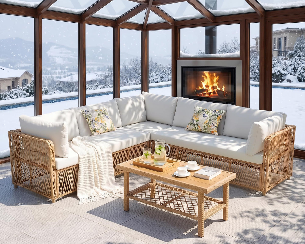 ABCASA 5 Pieces Patio Sectional Furniture Set w/Waterproof Cover Beige