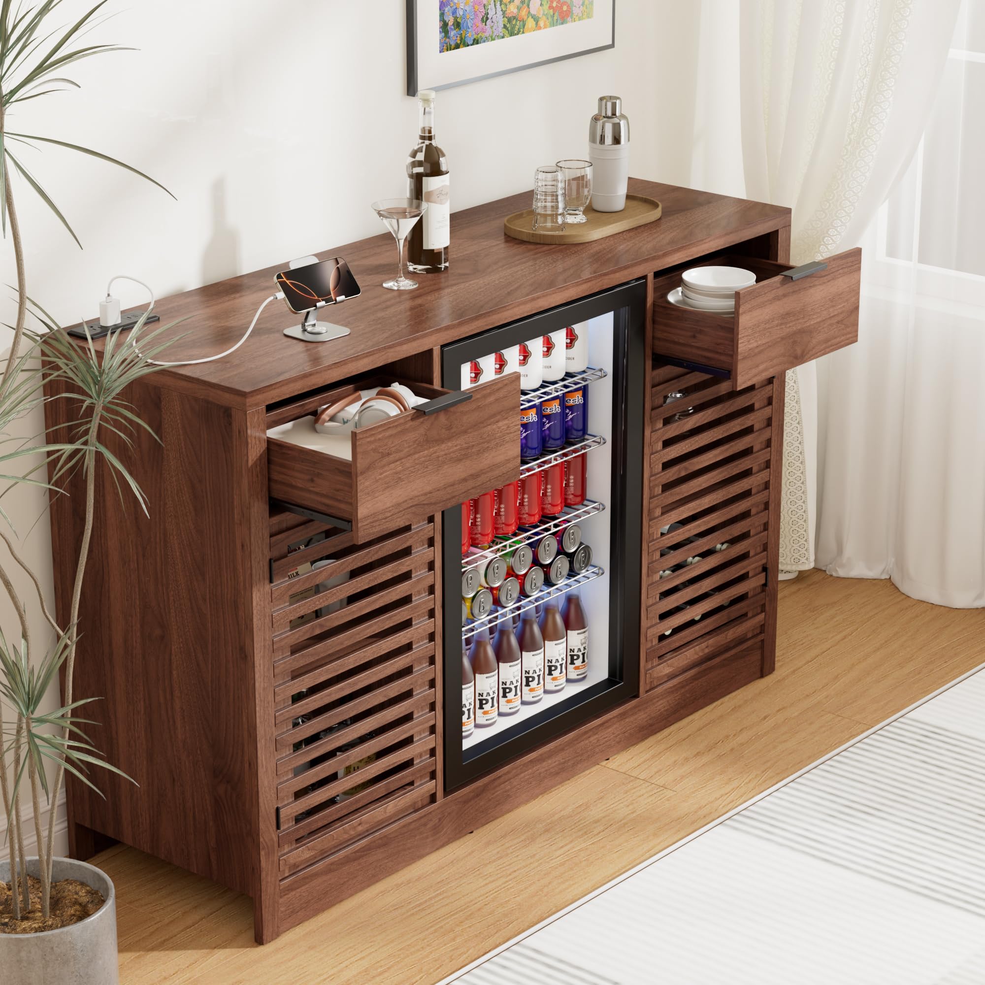 Coffee Bar Cabinet with Fridge Space, Liquor Wine Bar Cabinets with Wine Rack and Glass Holder, Mini Fridge Cabinet with Drawer & Storage, Fluted Buffet Sideboard for Dining Room, Kitchen (Walnut)