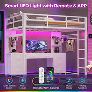ADORNEVE Full Size Loft Bed with Desk and 8 Storage Drawers, Metal Loft Beds Full with LED Lights & Charging Sation, Heavy Duty Loft Bed Frame with 6 Storage Shelves, Space-Saving, Noise Free,White