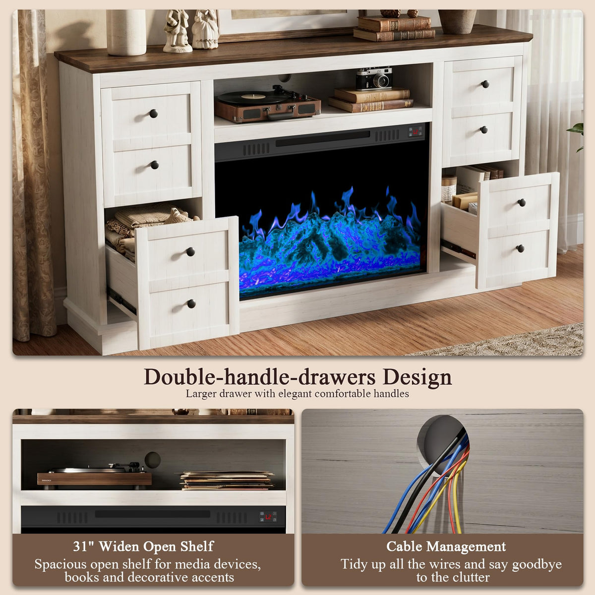 Leramaner 62" Farmhouse Fireplace TV Stand for up to 75" TV, White