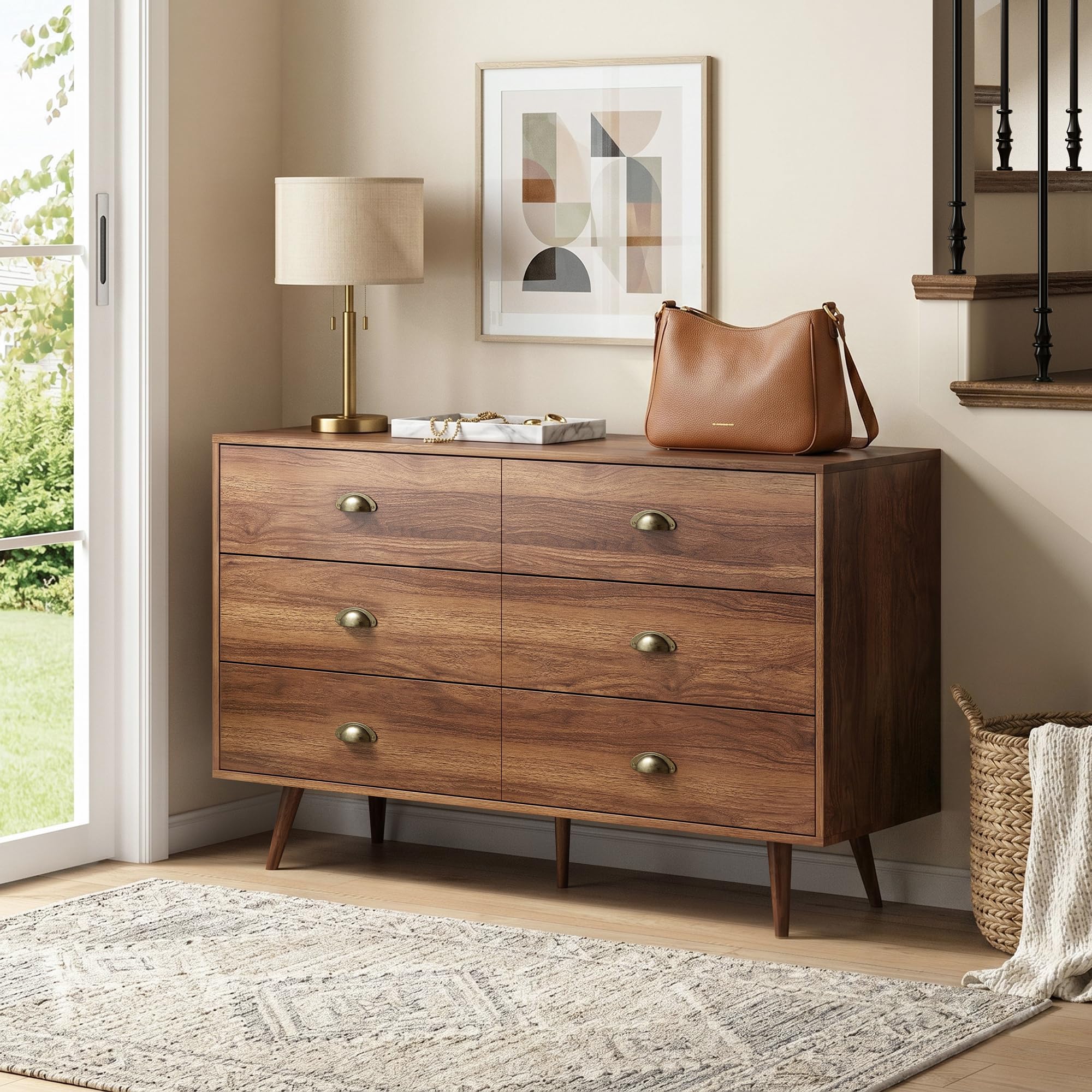 CARPETNAL Walnut Dresser for Bedroom, 6 Drawer Dresser with Wide Drawers and Gold Metal Handles, 47” Wood Dressers & Chests of Drawers for Hallway, Entryway.