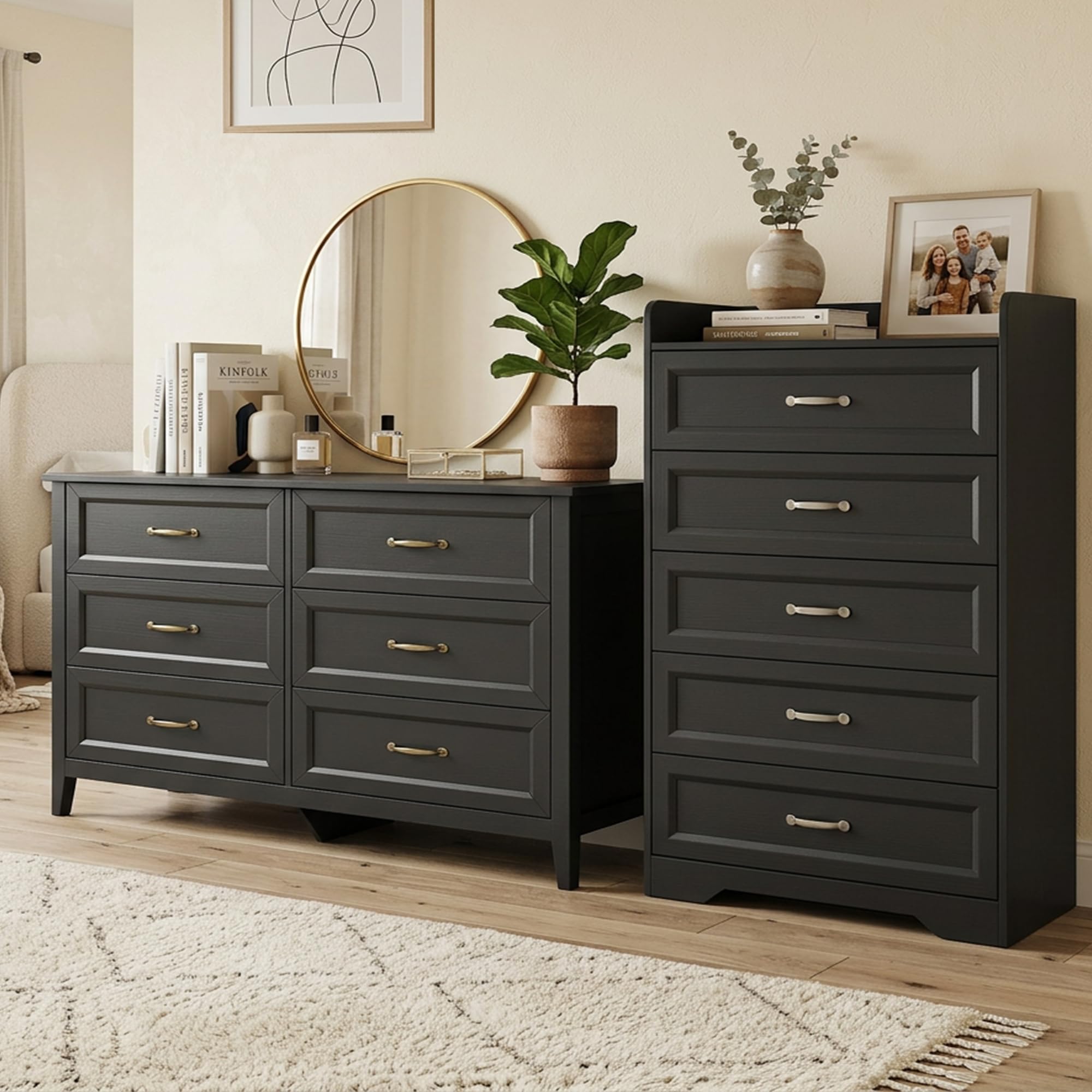 Gizoon 2-Piece Bedroom Furniture Set, 2-PC Dresser Set for Bedroom, Includes a 5 Drawer Dresser and a 6 Chest of Drawers, with Smooth Rail, Handles, Anti-Tipping, Large Storage Space, Black