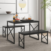 VECELO Kitchen Dining Table Benches Set for 4, 43.3" Wooden Dinette with 2 Benches, Heavy-Duty Dining Room Table for Small Space, Breakfast Nook, Black