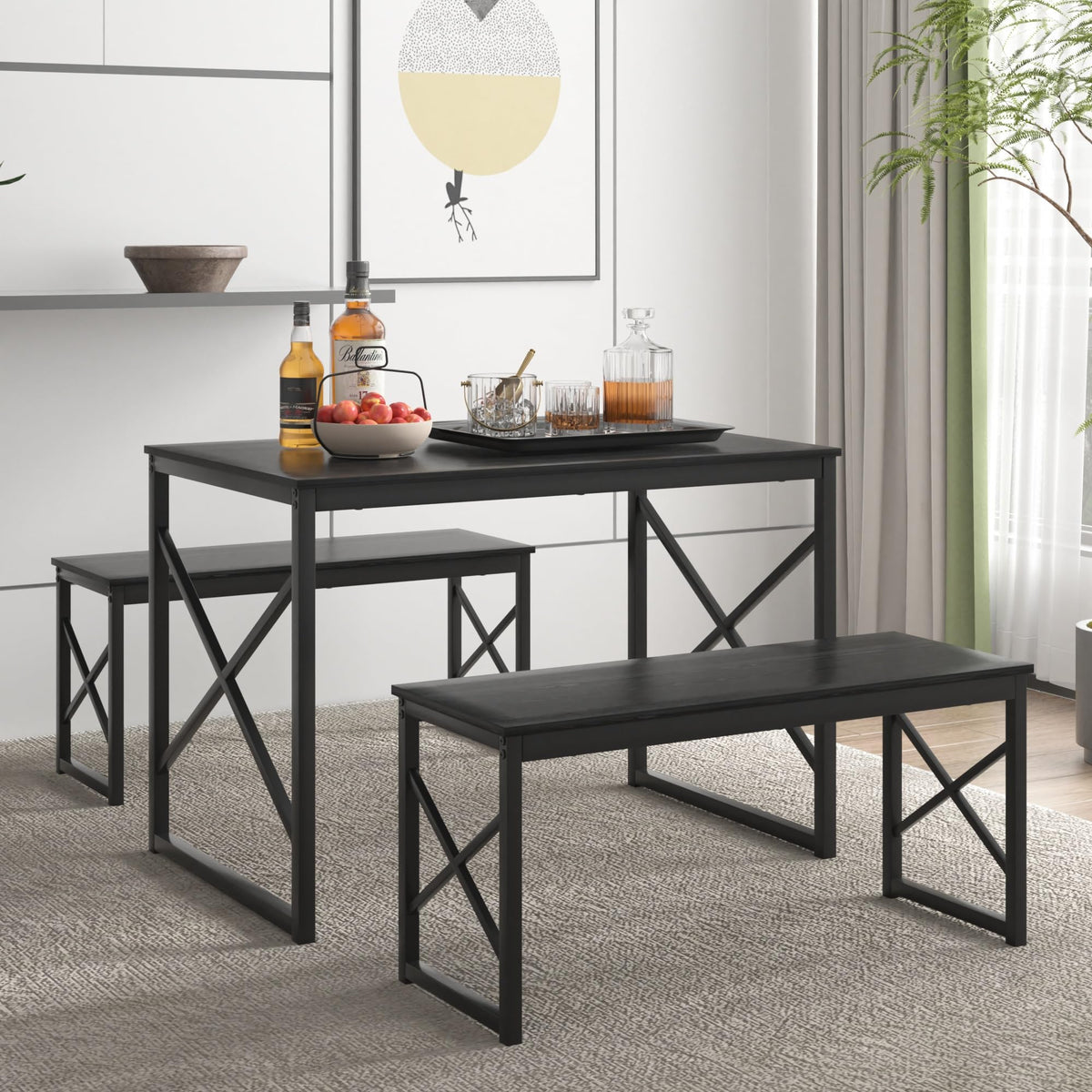 VECELO Kitchen Dining Table Benches Set for 4, 43.3" Wooden Dinette with 2 Benches, Heavy-Duty Dining Room Table for Small Space, Breakfast Nook, Black