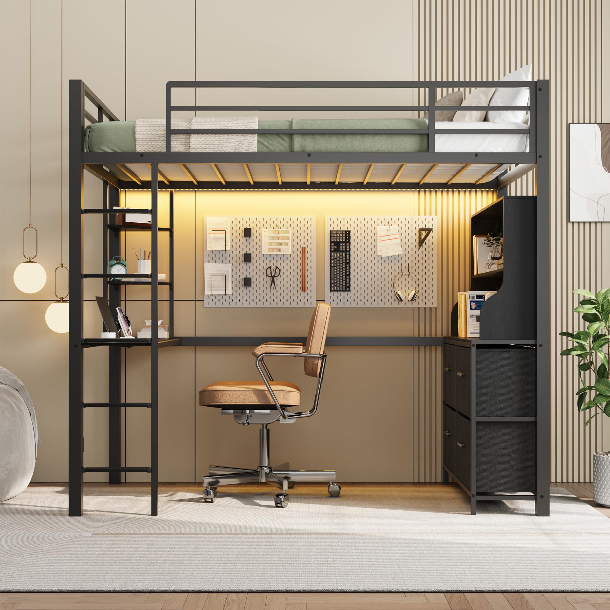 Twin Size Loft Bed with Desk & Storage