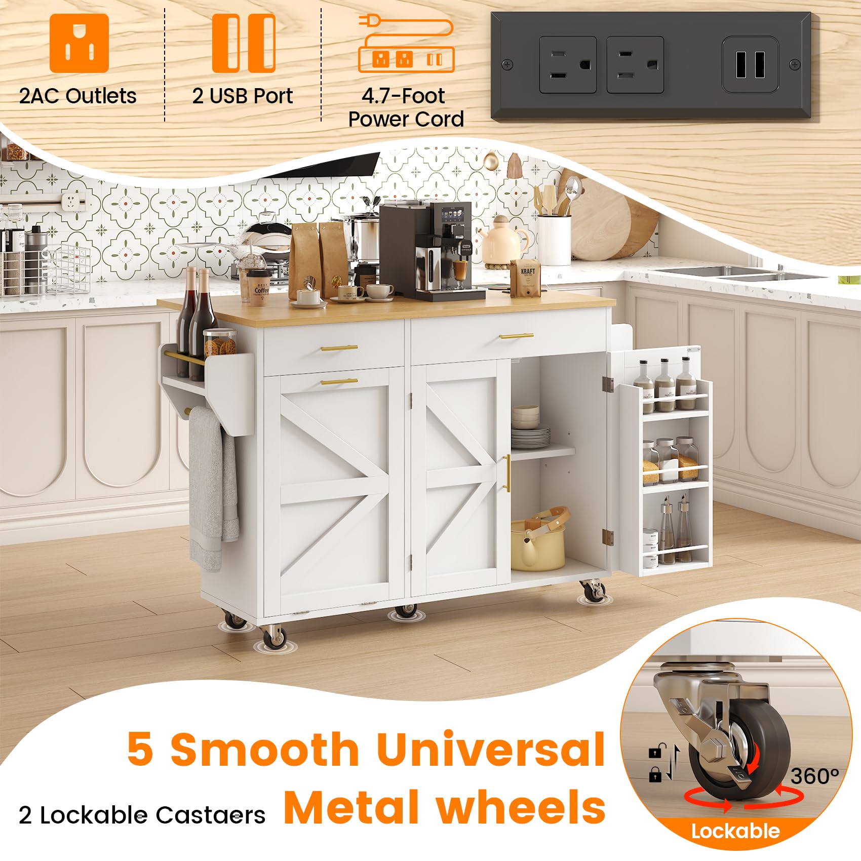 VVFLU 51.8" Kitchen Island Cart with Trash Can Storage, Kitchen Island on Wheels with Power Outlet & Drop Leaf, Rolling Kitchen Cart with Towel Rack & Spice Rack, Mobile Islands Table for Kitchen