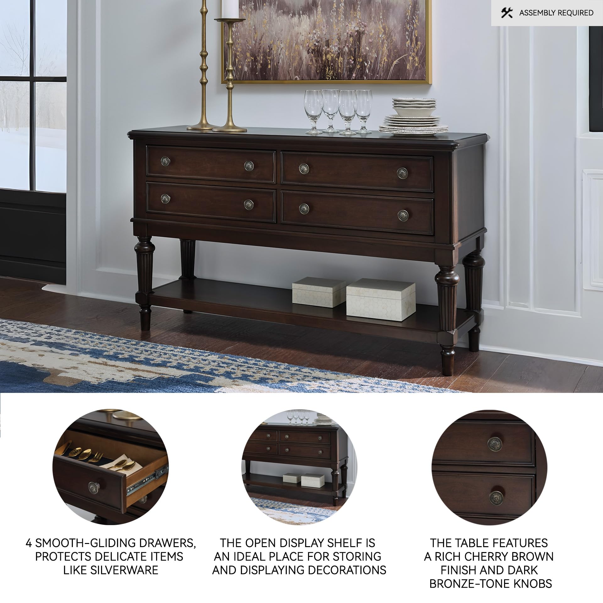 Signature Design by Ashley Lavinton Classic 4-Drawer Dining Server with Open Shelf, Dark Brown