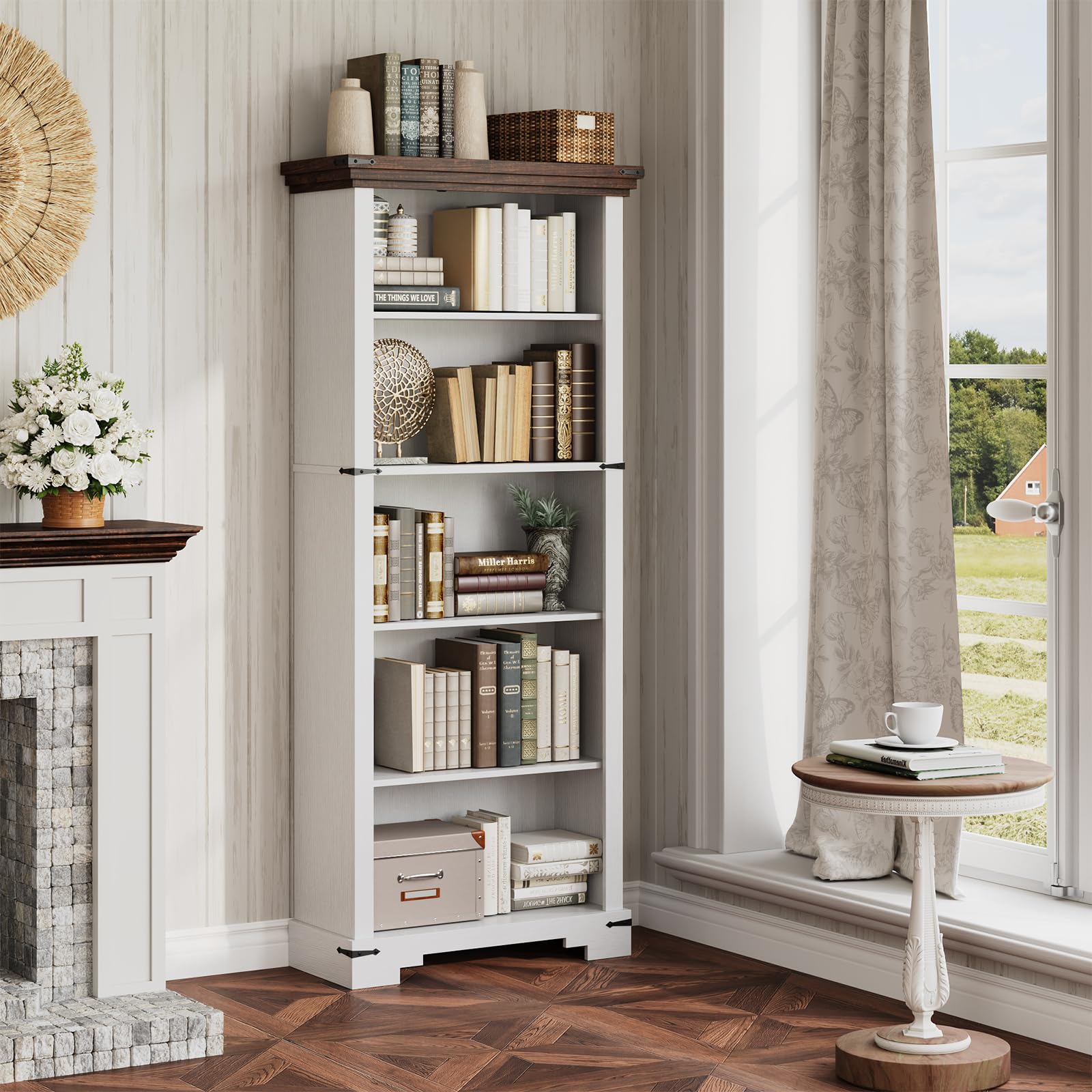 HOTLUU 5-Tier Farmhouse Bookshelf, 61.1 inch Tall Bookcase with Storage & Unique Design & One Adjustable Shelf, Wooden Bookshelf for Study Room, Living Room, Home Office, Bedroom (White)
