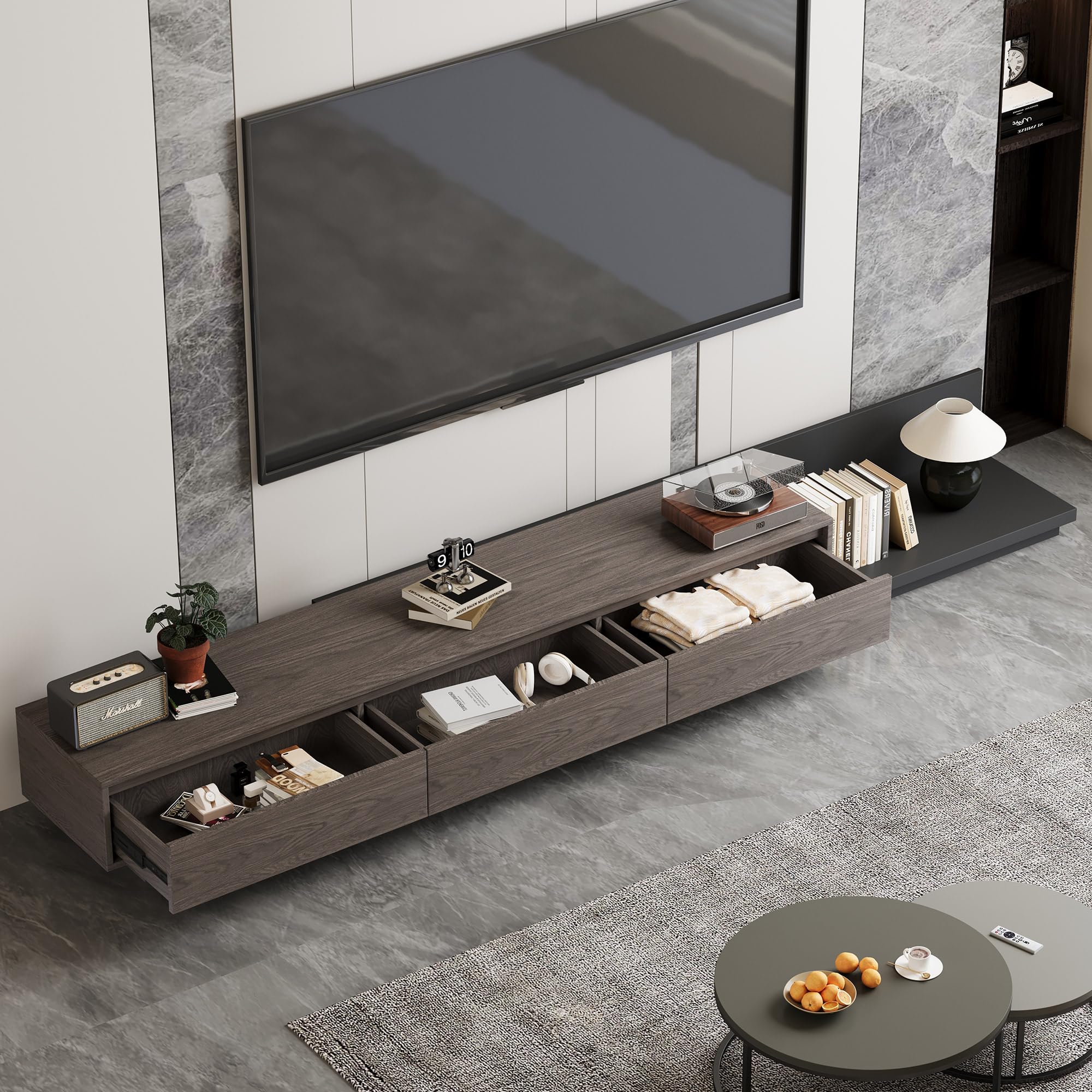 gaoyangjiaju Mid-Century Modern Extendable TV Stand with Ample Storage for Living Room – Adjustable TV Cabinet from 78.7" to 130", 3-Drawer Entertainment Center, Black Walnut