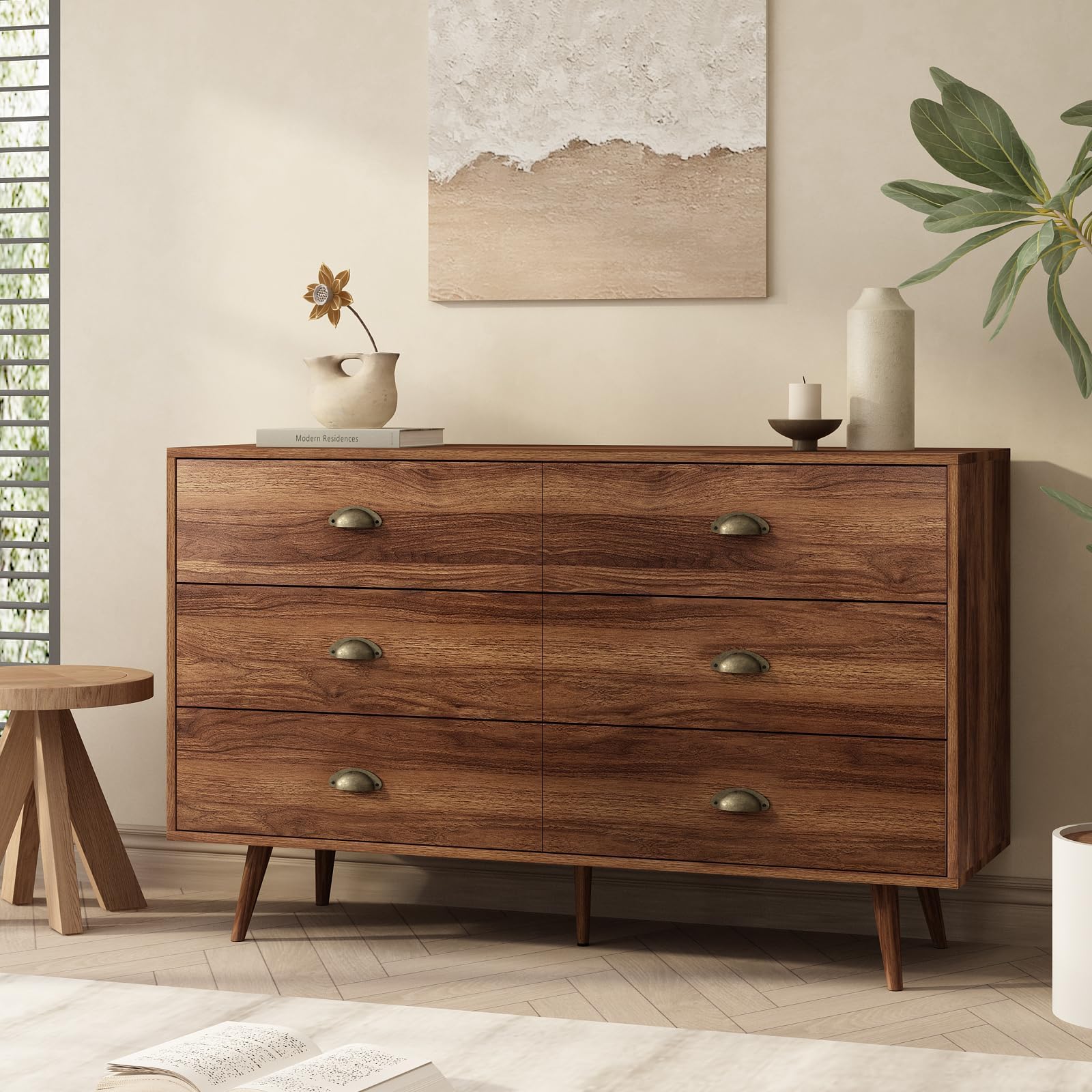 CARPETNAL Walnut Dresser for Bedroom, 6 Drawer Dresser with Wide Drawers and Gold Metal Handles, 47” Wood Dressers & Chests of Drawers for Hallway, Entryway.