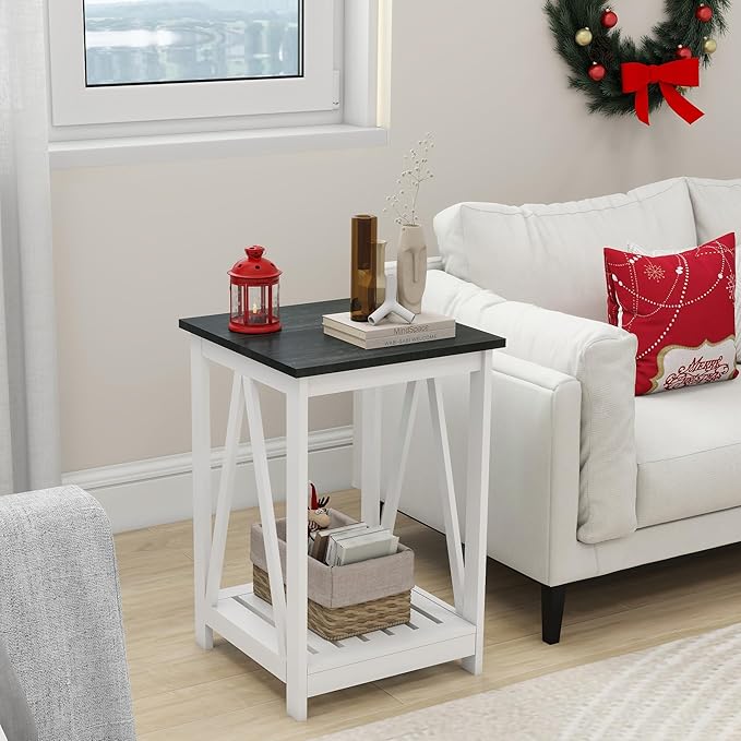 Farmhouse Square End Table with Slats Storage Shelf