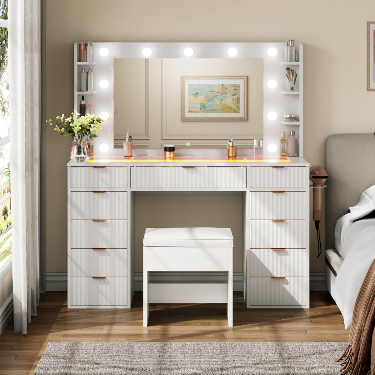 Gyfimoie Vanity Desk with Glass Top and 11 LED Bulbs,Makeup Table with Large Mirror & Power Outlet, Dressing Table with 11 Drawers & Cushioned Stool for Women and Girls,Bedroom