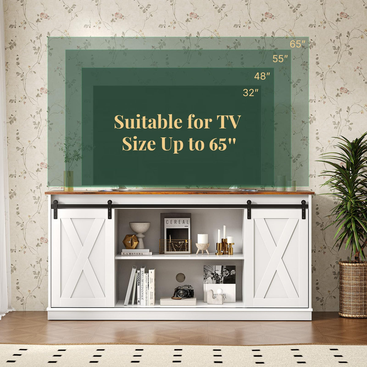 HAPPYMONT Farmhouse TV Stand for 65 Inch TV, Media Console, Milk White