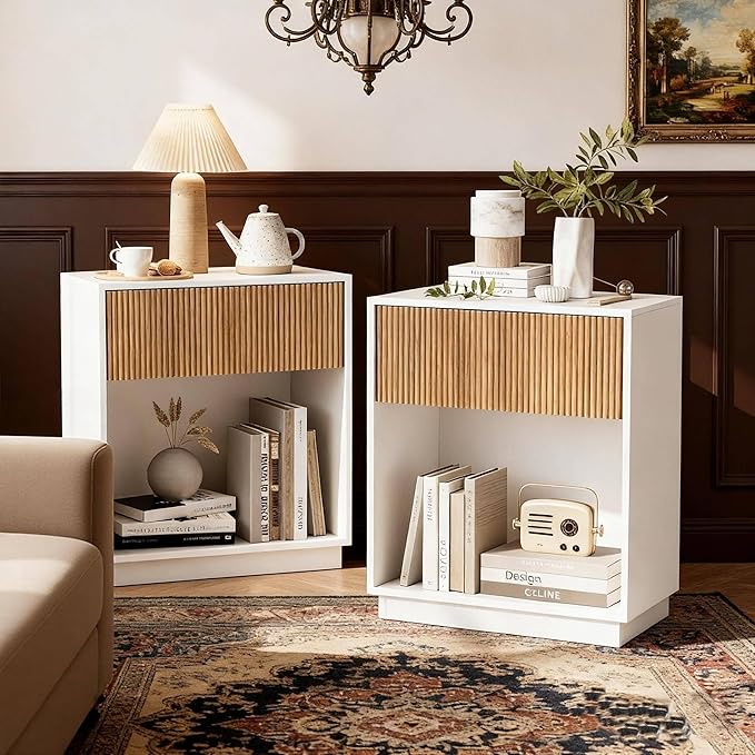 Nightstand Set of 2 with Drawer & Open Shelf