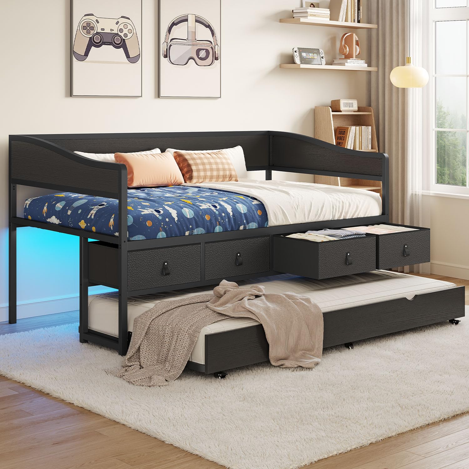 ADORNEVE Twin Daybed with Trundle, Metal Trundle Bed Twin with 4 Storage Drawers and LED Light, Sofa Day Bed Frame with Strong Supports for Living Room, Bedroom and Guest Room, Black