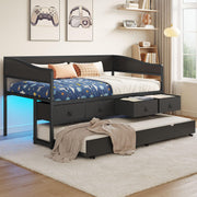 Twin Daybed with Trundle, LED Headboard & 4 Storage Drawers