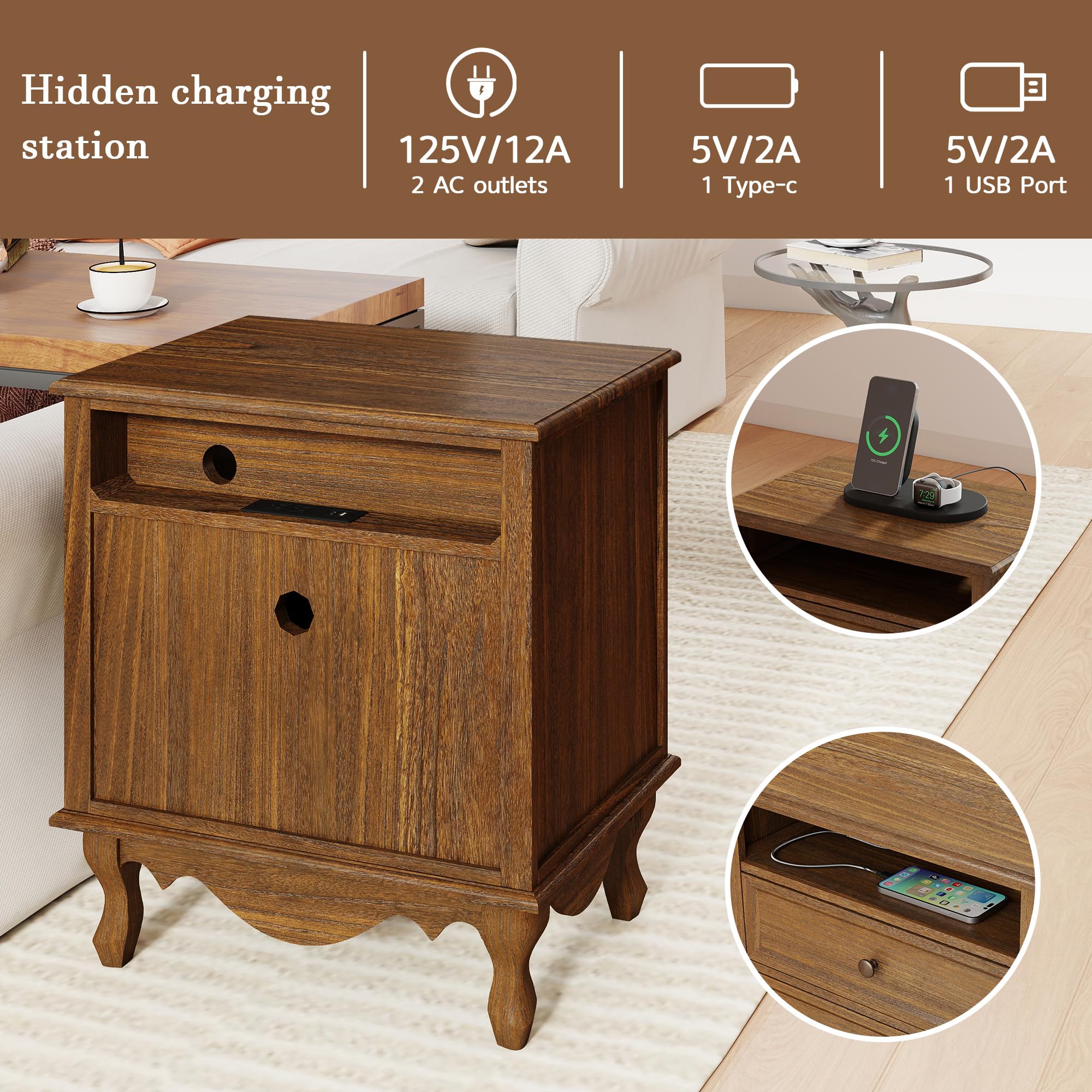 Nightstand with 2 Drawers, Open Shelf & Charging Station