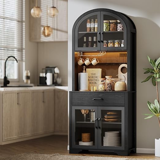 Tall Arched Pantry Cabinet with LED Light & Charging Station