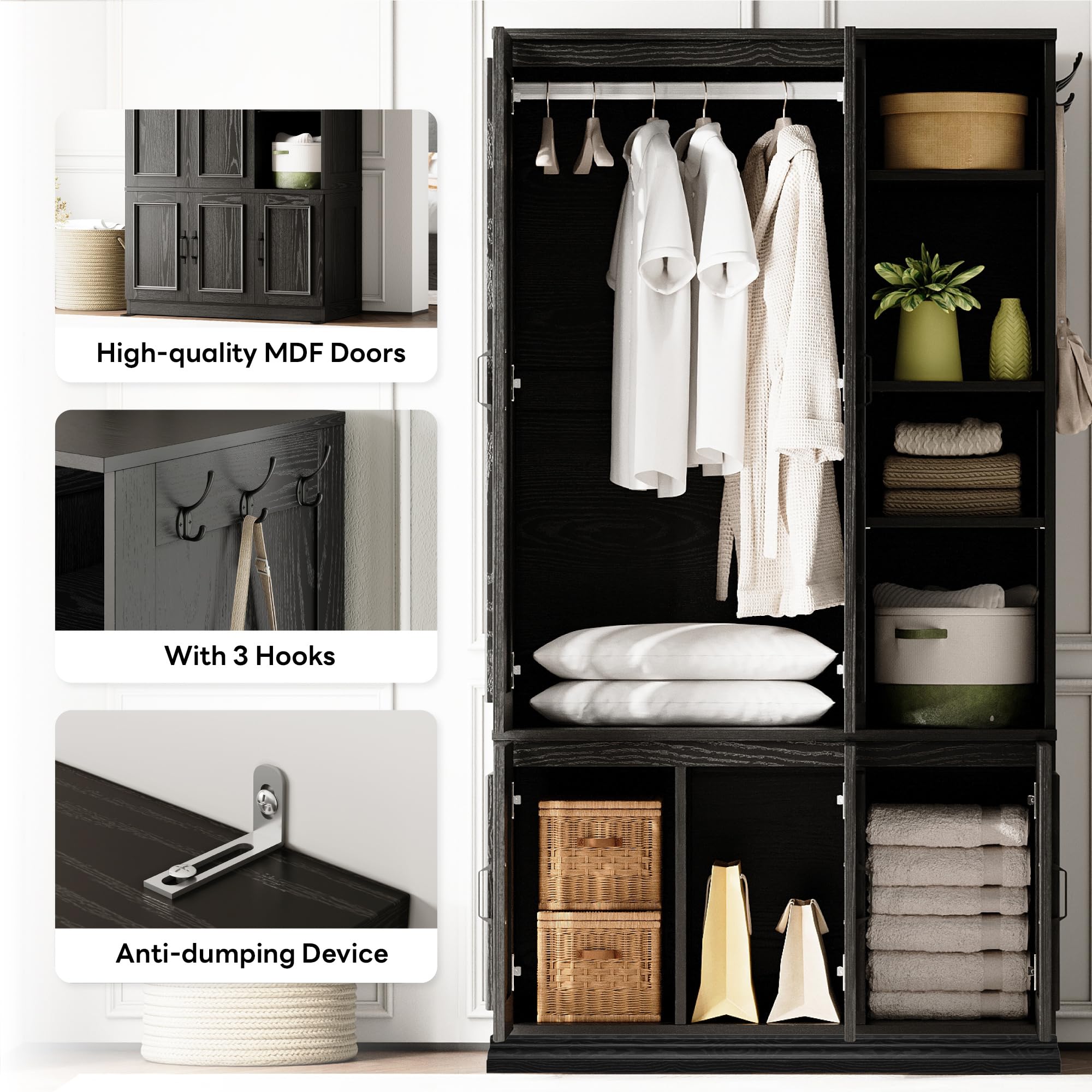 Large 5-Door Wardrobe with Shelves & Hanging Rod
