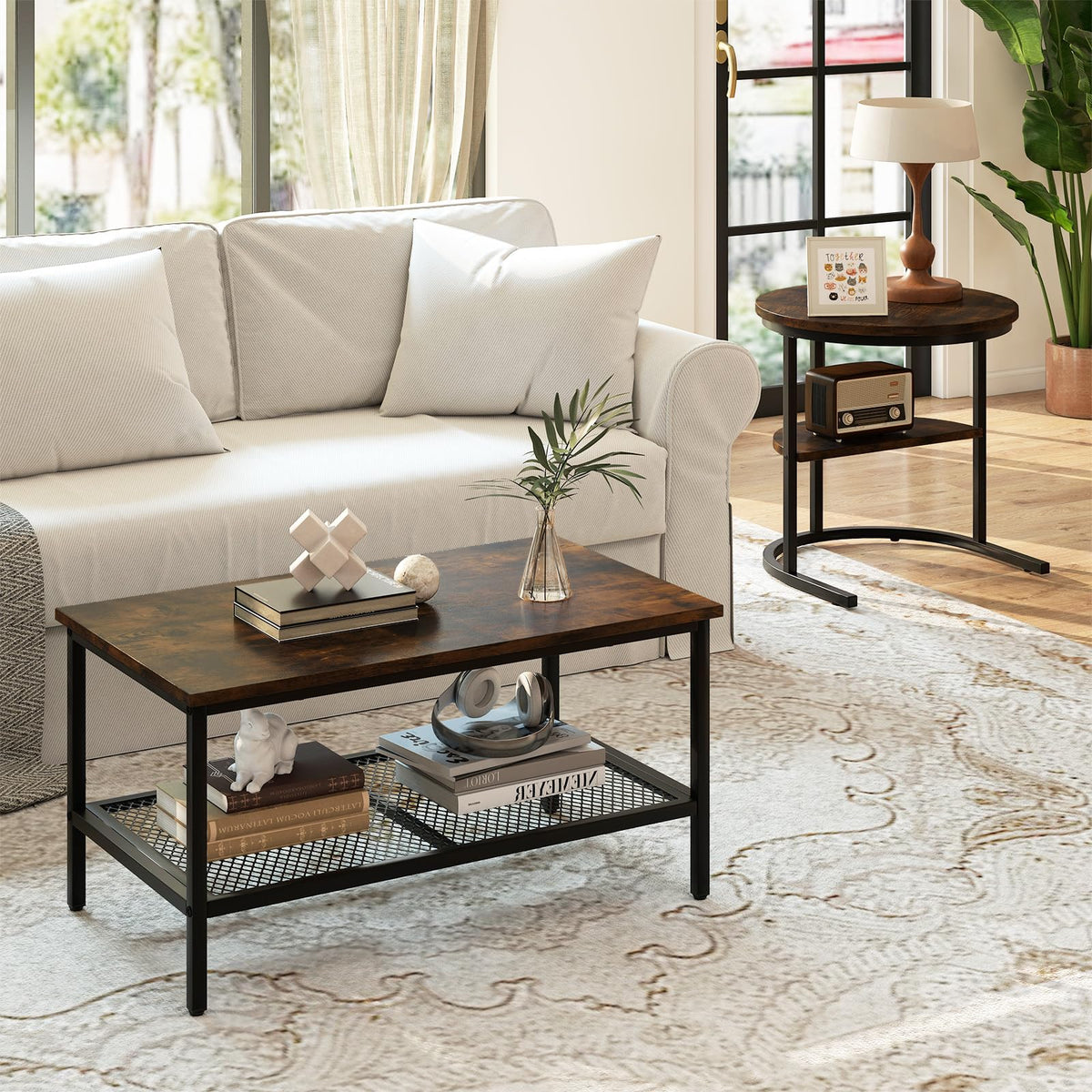 KOTEK Nesting Coffee Table Set of 2, Detachable Rectangular Coffee Table & Small Round End Table Set, Faux Marble Pattern & Sturdy Metal Frame, Modern Nesting Tables for Living Room (Brown)