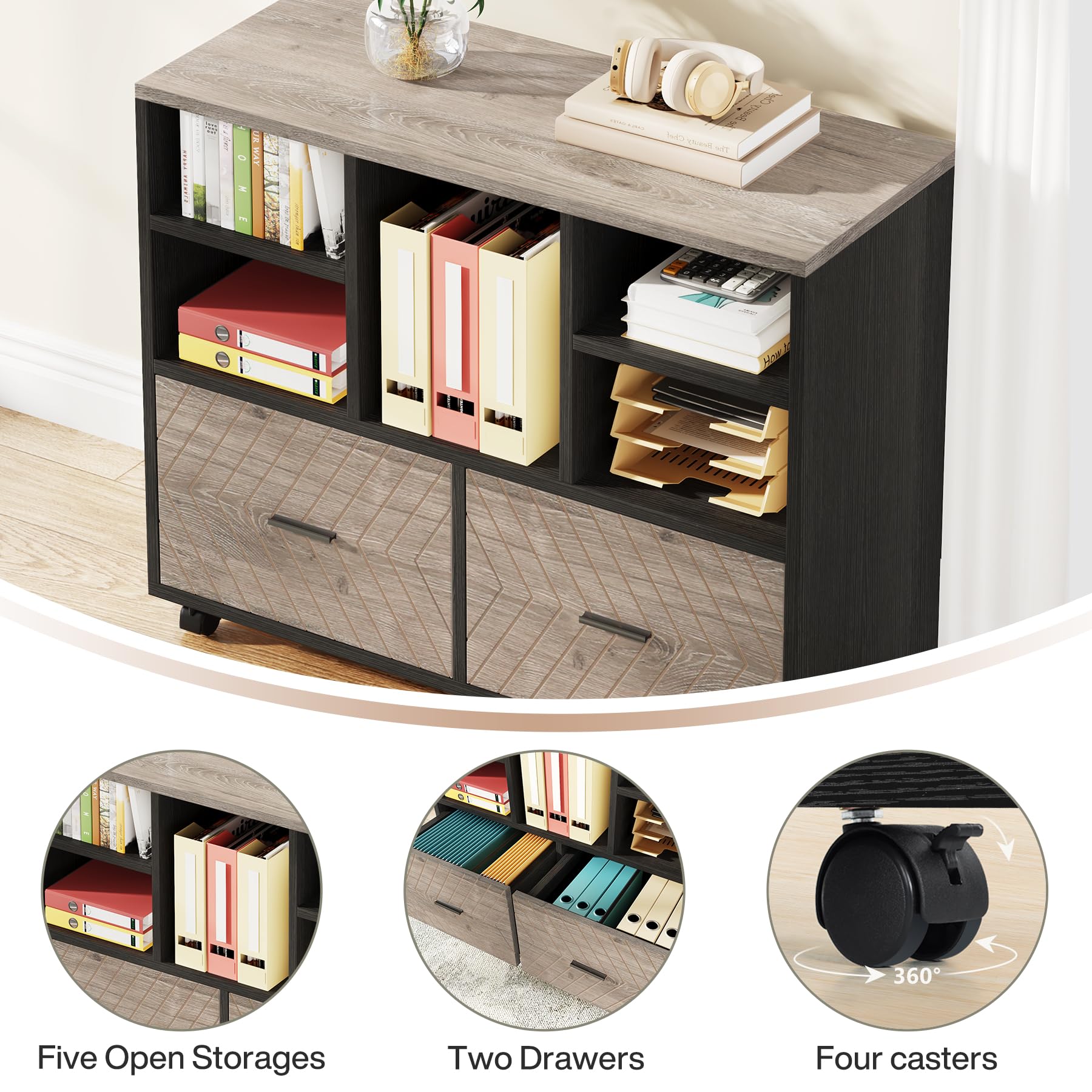 Tribesigns 2-Drawer Wood File Cabinet, Mobile Lateral Filing Cabinet for Hanging Letter Size Files, Printer Stand with Open Storage Shelves for Home Office (Gray & Black)