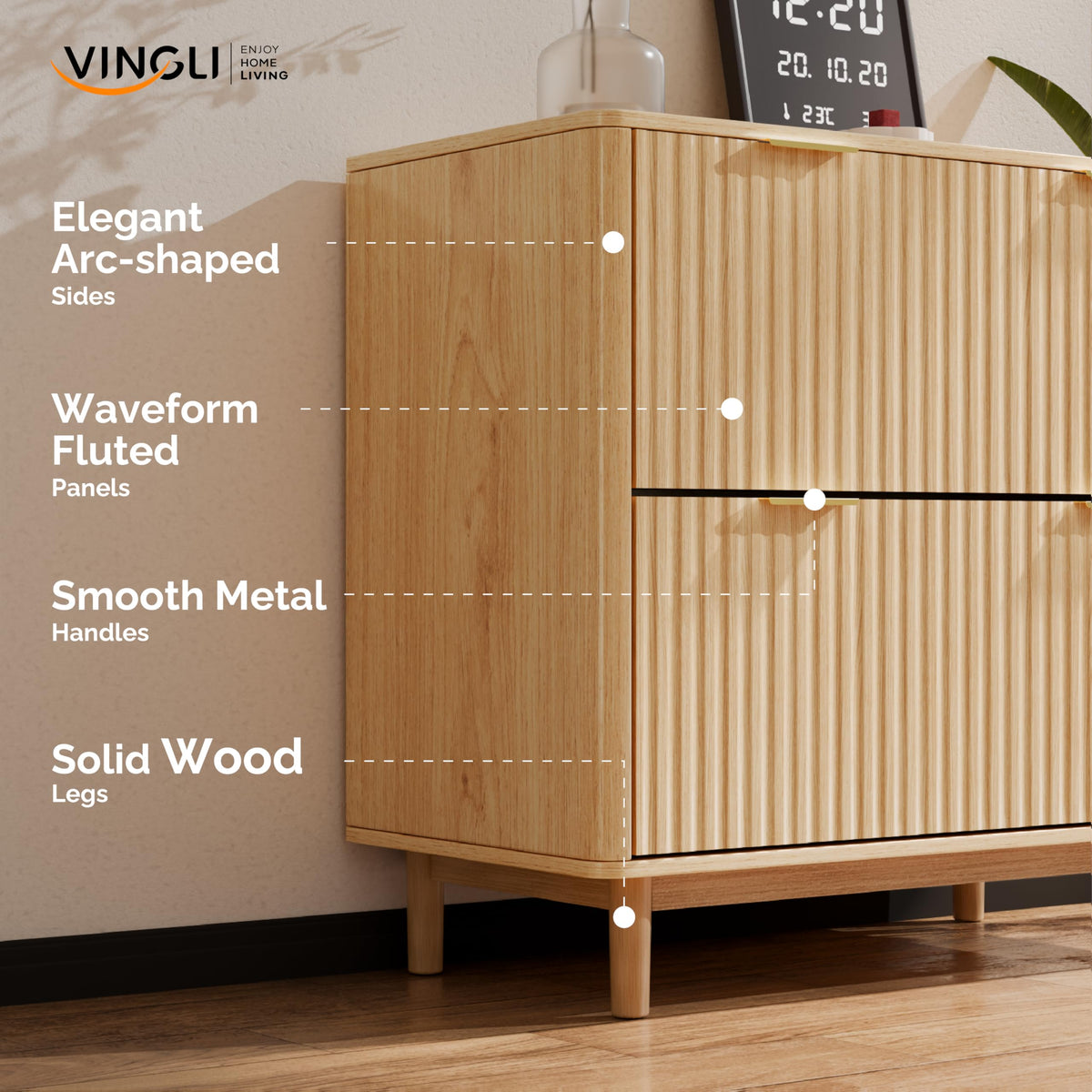 Bonnlo 2 Drawer File Cabinet, Home Office Filing Organizer, for Letter Legal A4 Size File Folder Storage, Modern Style Fluted Design, Wood Lateral Filing Cabinet, Printer Stand, Archivador, Oak